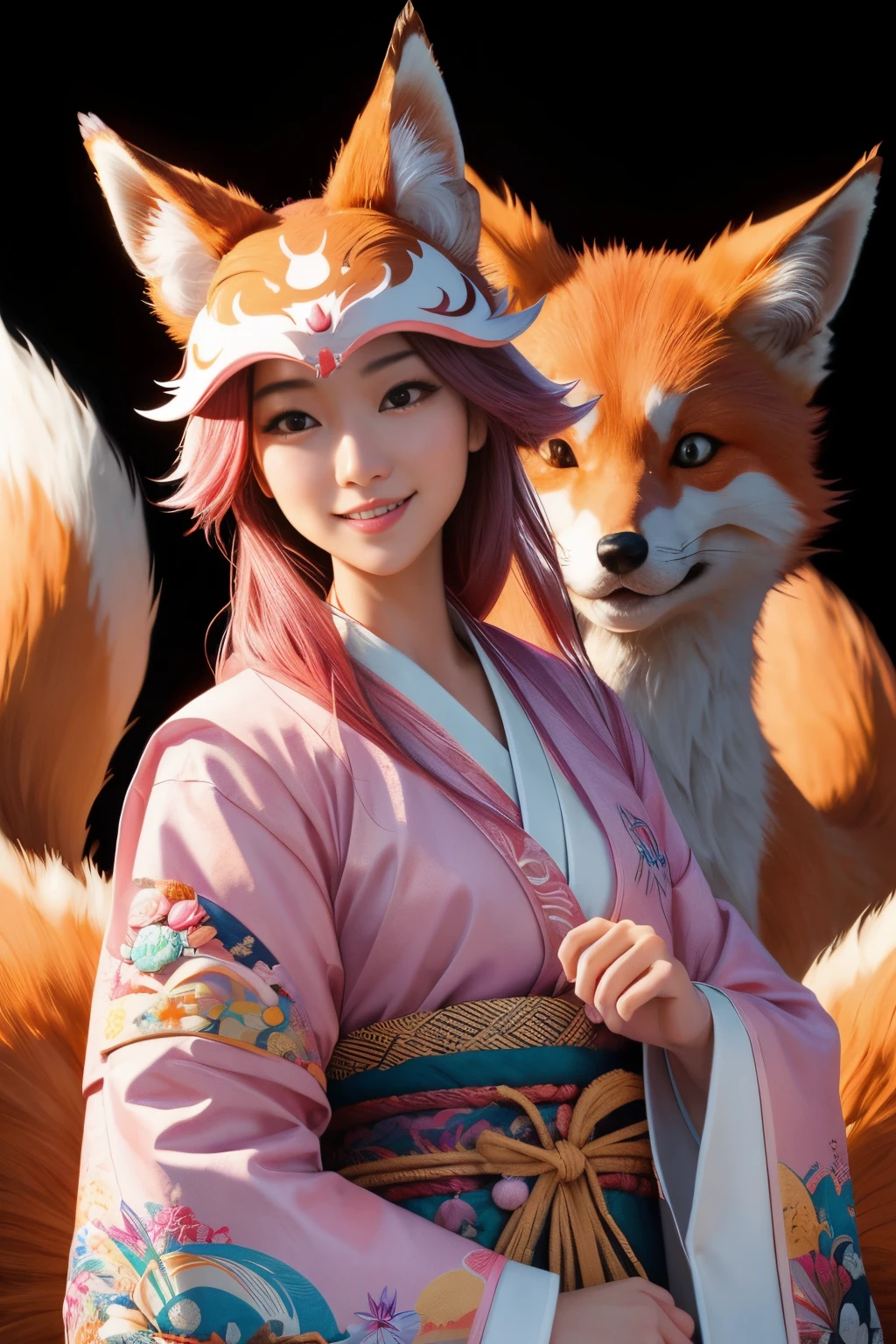 beautiful japanese young woman,Solo, Happy smiling official art, Unity 8k wallpaper, Ultra detailed, Beautiful and aesthetic, Beautiful, Masterpiece, Best quality, Kitsune witch, kitsune mask, Pink and white haori jacket, Foxfire spell, The fox is familiar, Transformation,Depth of field,