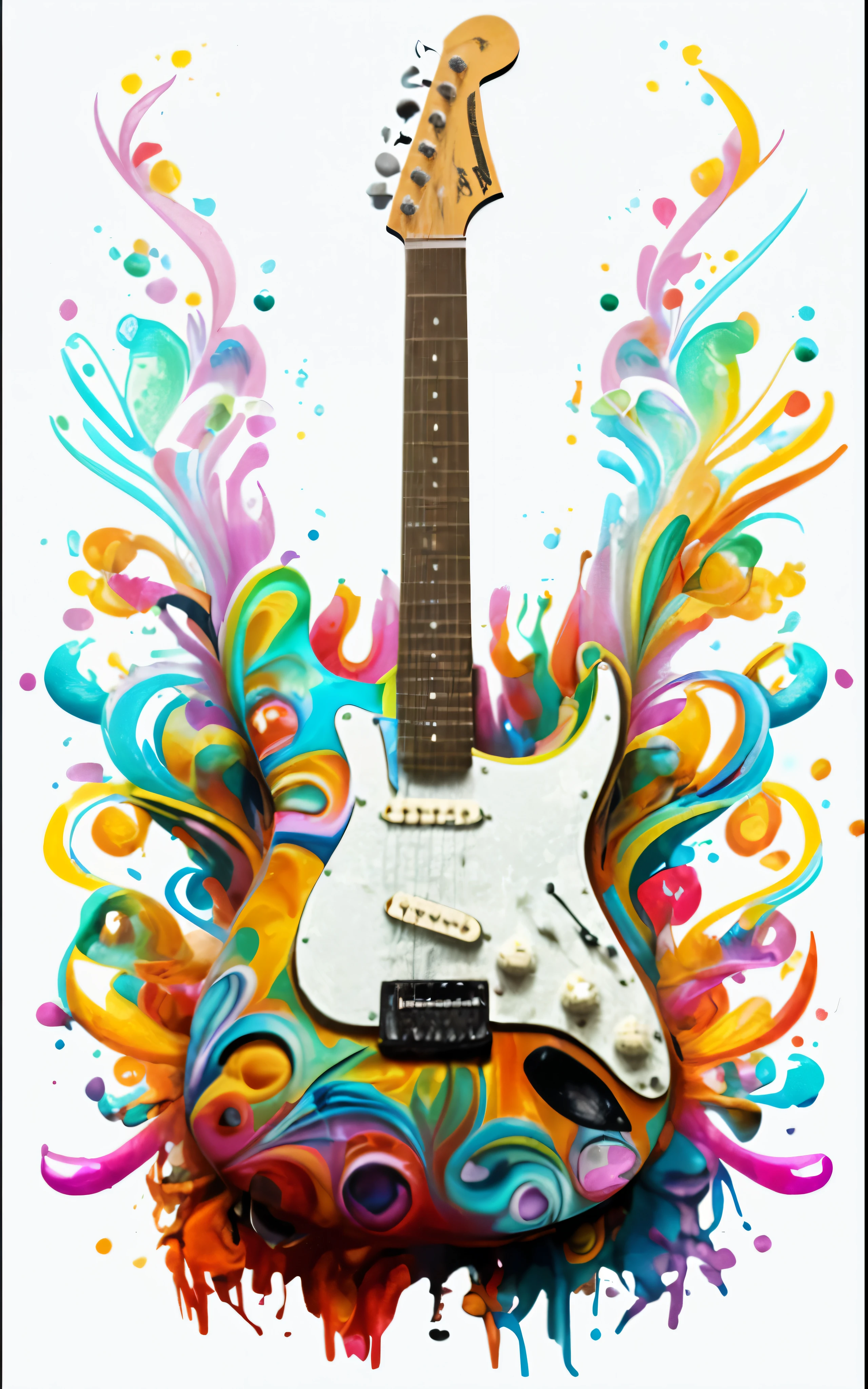 um close de uma guitarra com um desenho colorido, Electric guitar, Stratocaster Fender, music poster, arte conceitual da guitarra, psychedelic style, rocking out, poster artwork, Guitarra, arte colorida, classic guitar, colorful explosion, cheio de cores e detalhes ricos, Arte de Alessandro Pautasso, gotejamento com cor, campy e colorido, solo de guitarra