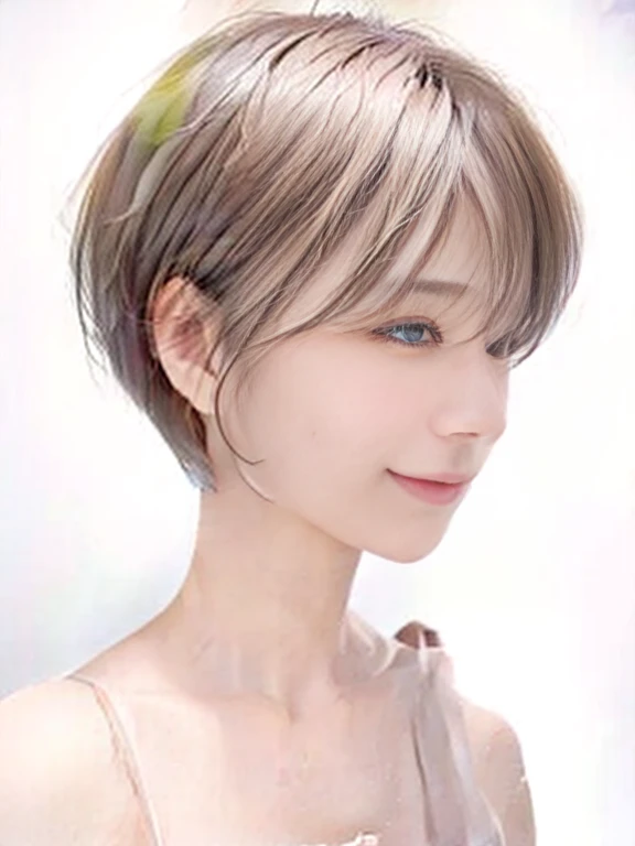 1girl, realistic skin, (short hair: 1.1), very short hair, (photorealistic: 1.1), beautiful woman, unexposed clothes, beauty salon, gray background with light bulb, profile, smile