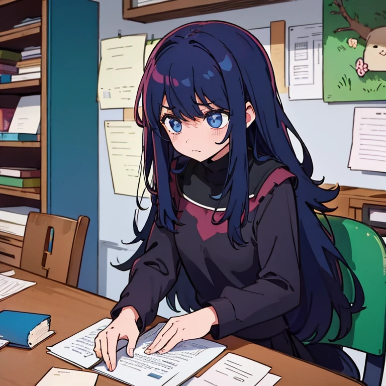 Black hairy,A daughter,sad face,Disappoint ,on desk with A paper