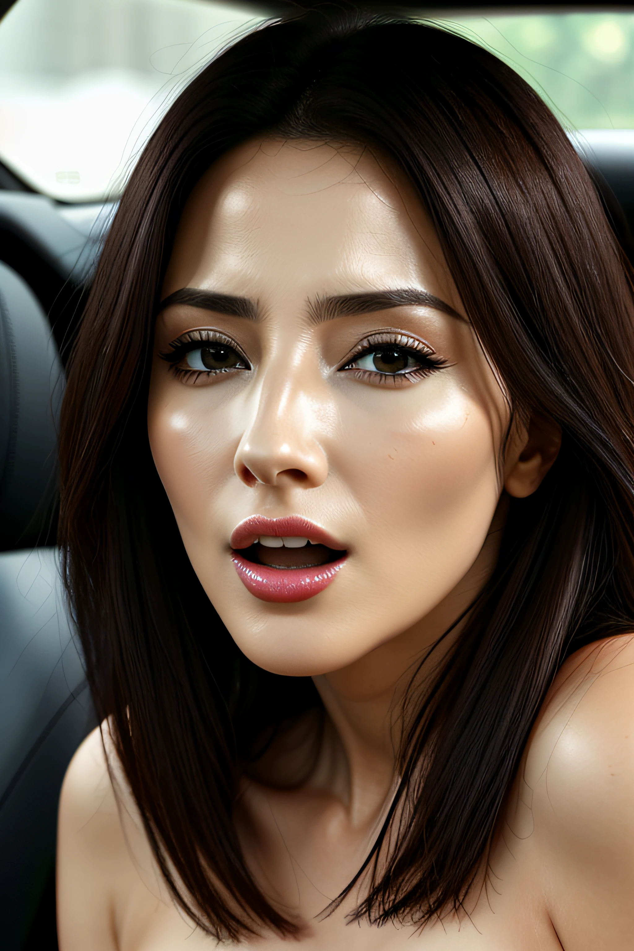 masutepiece,,award - winning photo, Extremely detailed, edgOrgasm,Face Focus, Face Close-up、Woman with mouth open and eyes closed , Woman with Edge _Face、30-years old、A dark-haired、CNN News Anchor、Glossy skin、In the car、NSFW,large full breasts、Glossy skin、sharp nose、