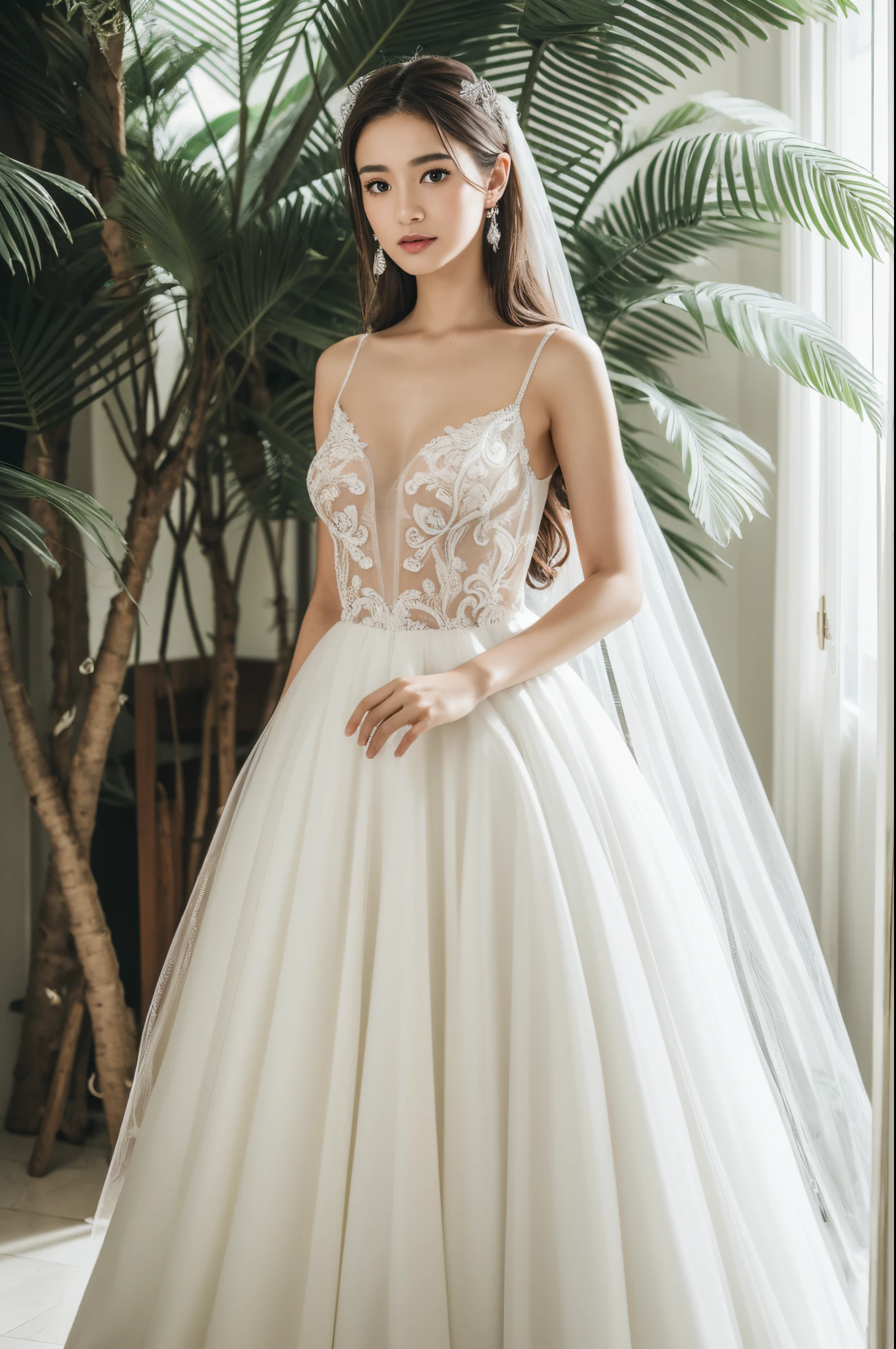 Best quality, 8k, 32k, Masterpiece, UHD:1.2, Masterpiece, (Photorealistic: 1.4), RAW photo, ultra realistic, skin detail, 1girl,Fashion model,Wearing a white ballgown wedding dress,tulle fabric, full body, in white room with indoor decorative palm tree,Stand upright and look straight, , skin detail