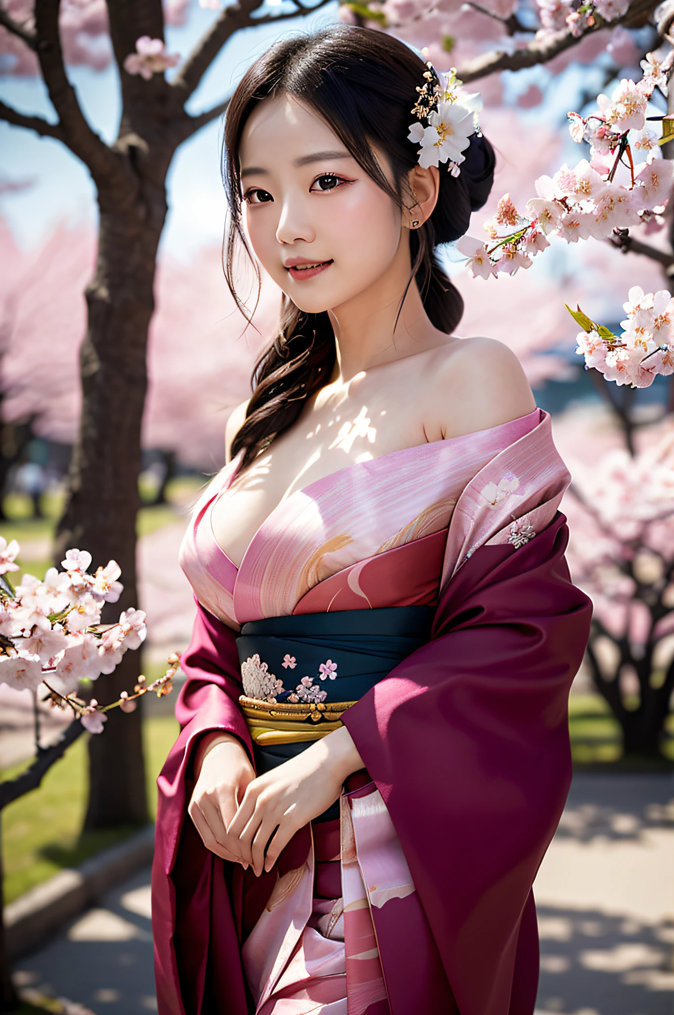 
beautiful japanese woman with big breasts in revealing kimono sakura garden bare legs веер(((Completely naked)))