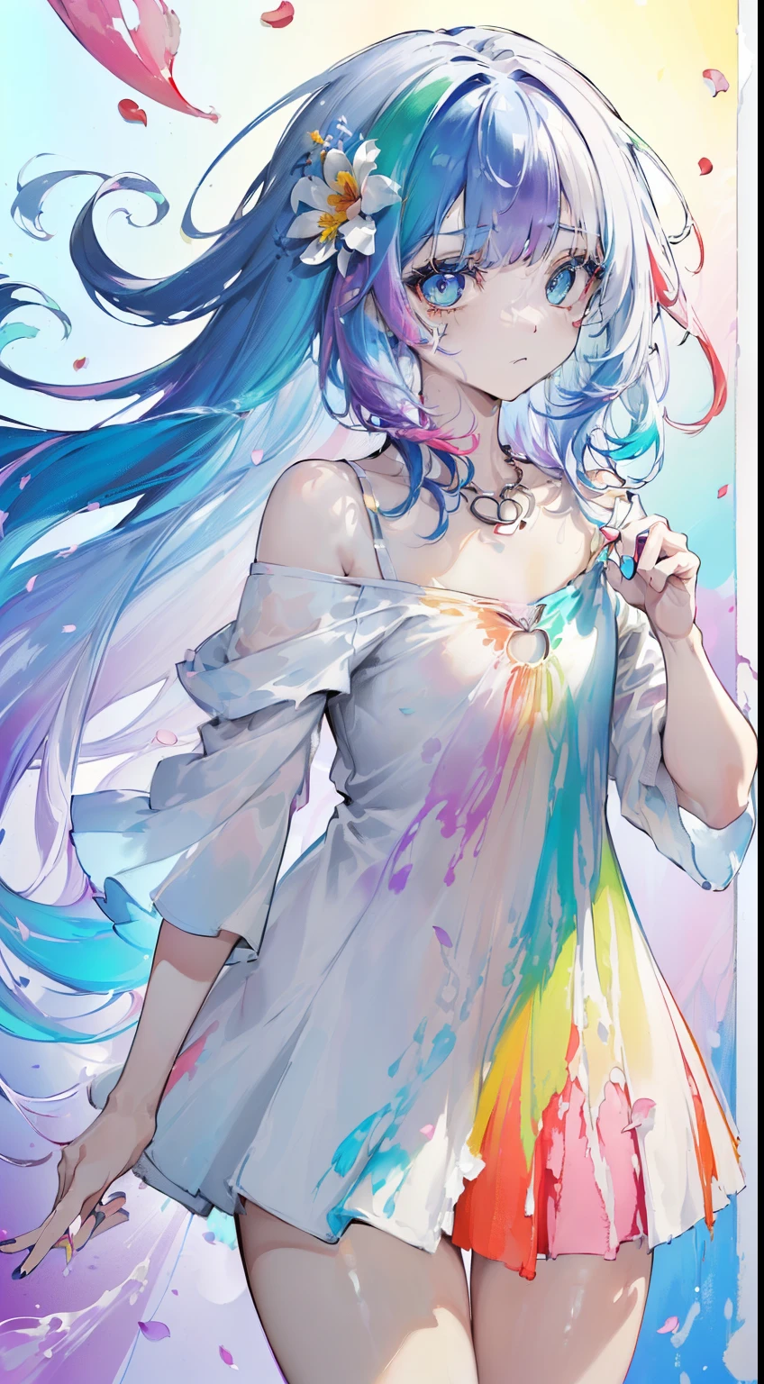 (colored hair: 1.8), (all the colors of the rainbow: 1.8),(((((vertical painting:1.6))), (Painting:1.6),front, Comics, illustrations, Painting, big eyes , crystal clear eyes,(Rainbow Color Gradient High Ponytail:1.7), exquisite makeup, closed mouth,(Small fresh: 1.5),(Clear chest: 1.6) ,long eyelashes, off-the-shoulder white t-shirt, off-the-shoulder white shirt, look at the audience, big watery eyes, (Rainbow colored hair:1.6), splashes of color, (alone:1.8), splashes of color, Color Explosion, thick painting style, messy lines, ((splendid)) ,(colorful), (colorful), (colorful), colorful, thick painting style, (splatter) (color splashes), vertical painting, upper body, paint splashes, acrylic pigment, gradient, paint, more high image quality, Very high quality, masutepiece, alone, depth of field, face painting, colorful clothes, (elegant: 1.2), very beautiful, long hair, wind, (elegant: 1.3), (flower petals: 1.4),( ((masutepiece))),(((best quality))),((ultra-detailed)),(illustration),(dynamic angle),((floating)),(paint),((disheveled hair)) ,(alone),(1girl in) , (((Detailed animated face))),((beautiful detailed face)),necklace,bare shoulders,white hair,((colored hair)),((striated hair)), beautiful detailed eyes,(gradient color eyes),(((colorful eyes))),(((colorful background))),(((high color saturation))),(((surrounded by colorful splashes))) , (big chest), ((thick legs)), ((thick thighs))