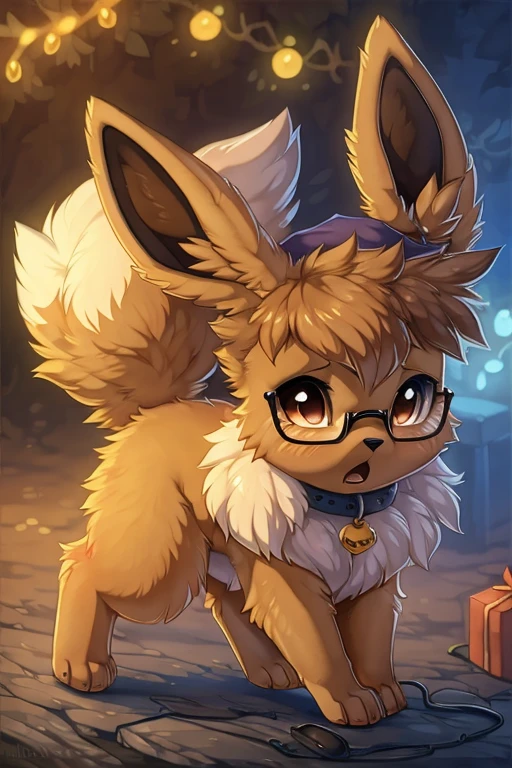 [by Hioshiru],furry, Feral, Pokemon, eevee and umbreon, Long fluffy hair, glasses, eevee with brunette fur,umbreon with black fur, glasses, Hazel eyes, embarrassed, average breasts, pussy, plump pussy, canine paws, paws for hands, short height, shortstack, crawling, heavy, collar, walkies, perk,eevee sucking umbreon's dick,oral sex
