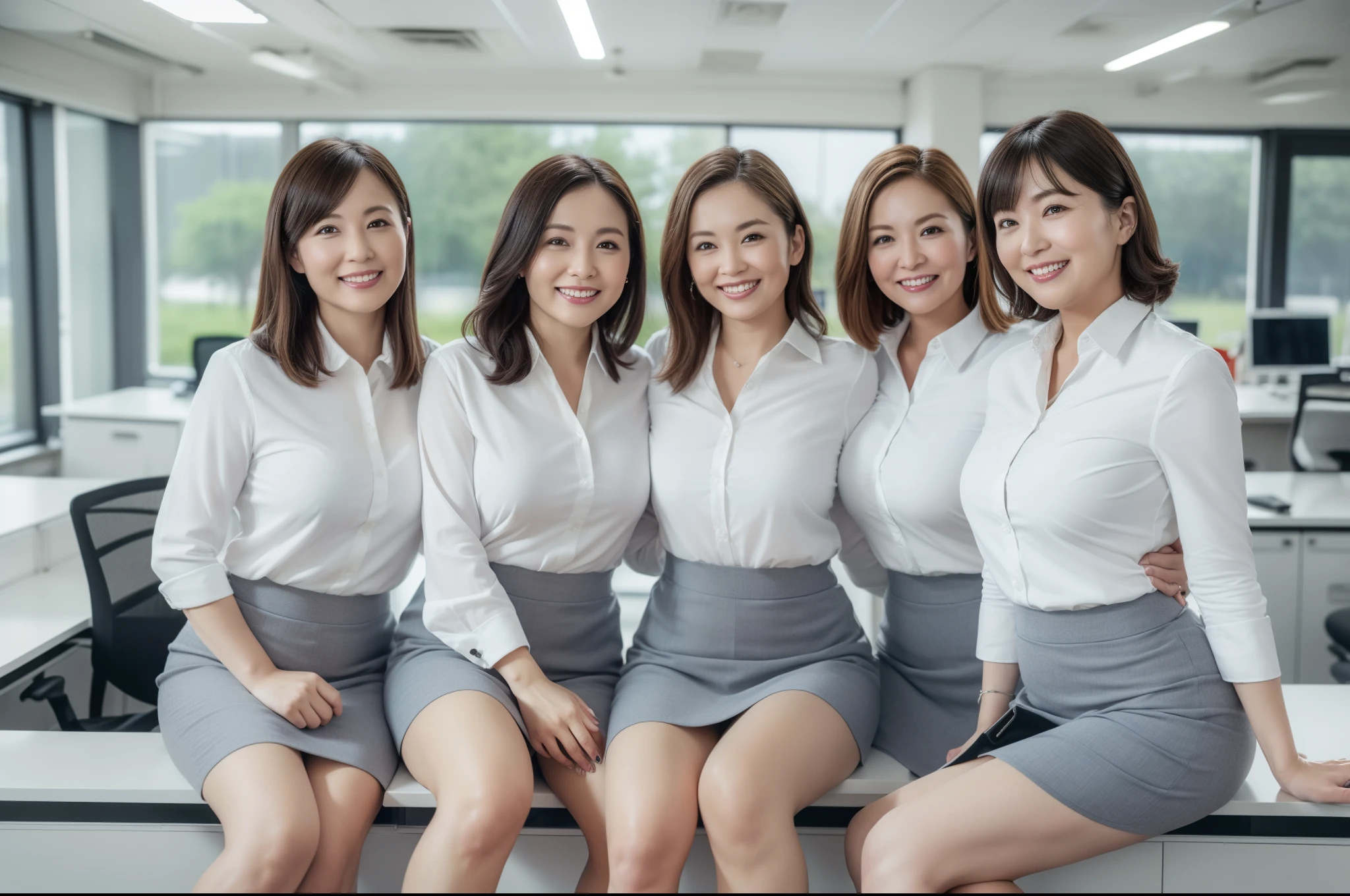 ((Best Quality, 8k, Masterpiecedetails, ultra-high resolution)), (group picture), (looking at the viewer), (fmiddle shot:), attractive business 5 milfs, 5 people, a bit chubby:0.25, white collared shirt, grey skirt, (sitting with cross legs on office desks)), smile, office of CEO,