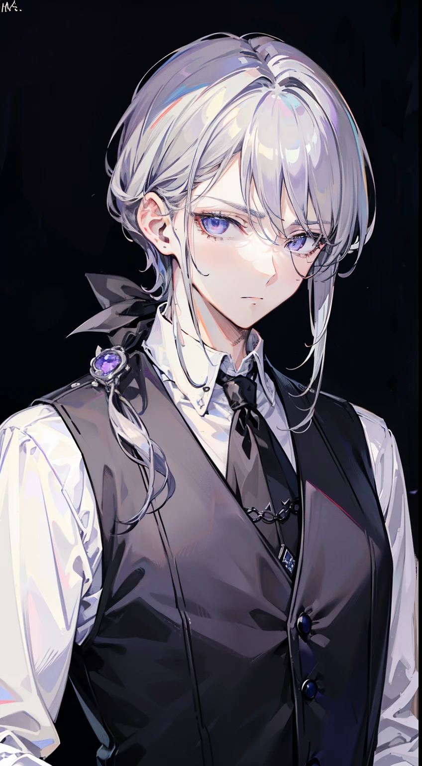 (top-quality、masterpiece、high-level image quality、Super delicate)、((handsome handsome man))、(Dark silver shorthair、Long bangs)、(Eyes are purple)、a choker、(black butler style vest)、chain、cool expression、looks sleepy