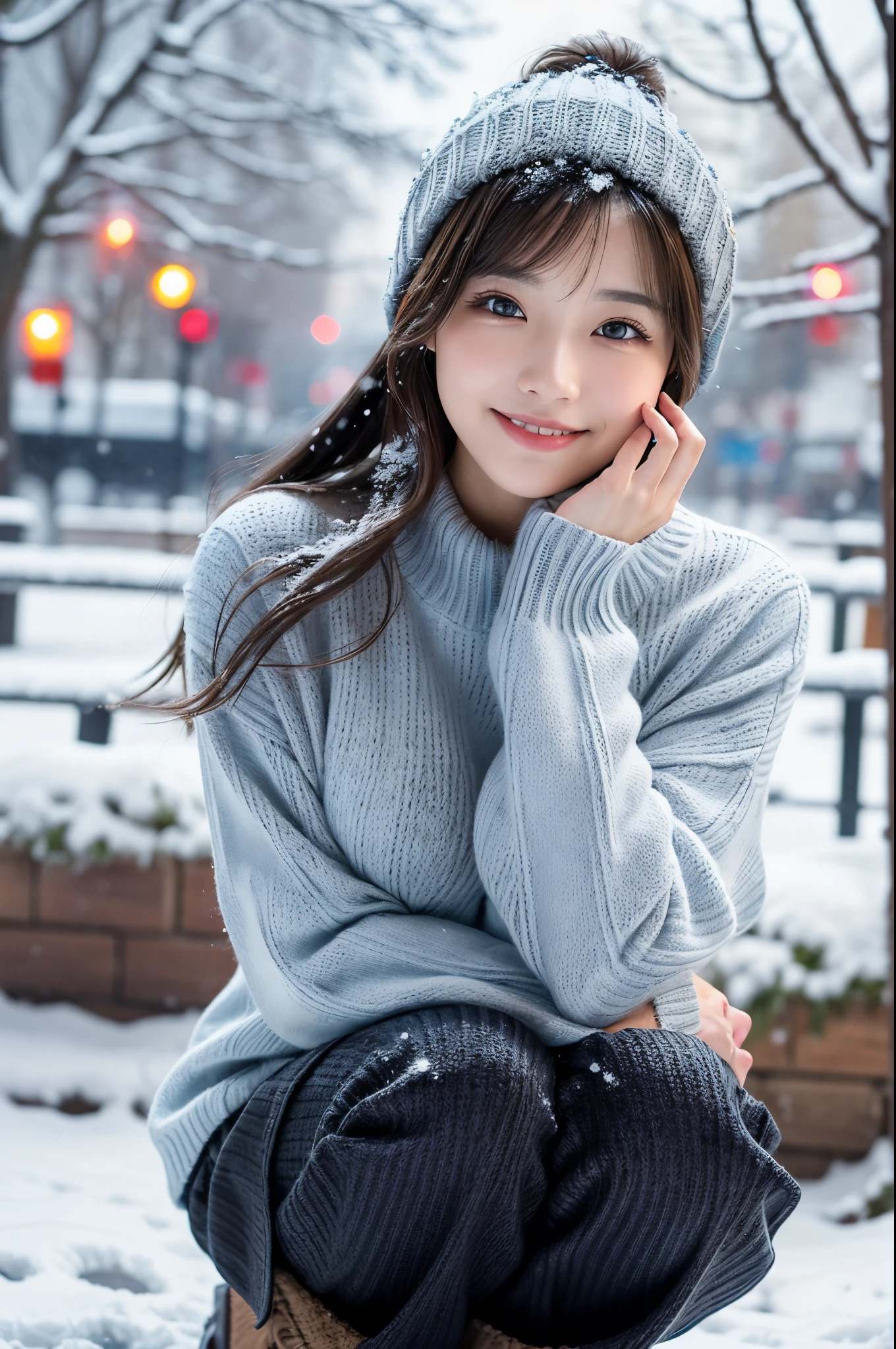 (masutepiece:1.3, Photorealsitic:1.4, 8K), top-quality, masterpiece, 超A high resolution, Perfect dynamic composition, Highly detailed skin and facial texture:1.3, A detailed eye, Detailed limbs, Winters, (snowflakes falling:1.2), Snowfall landscape at night:1.2, 1girl in, Cute sexy 21 year old slim woman, Fair skin, (Snow fell on my body and clothes:1.2), ((A smile:0.9, Totally captivates you:1.0)), (Chunky short jacket over blue long sleeve shaggy knit sweater:1.4, Tweed Mini Skirt:1.1), ((voluptuous breasts:1.1)), Short boots, (Facing the front, Squat with your knees bent), (Beautiful blue eyes, Eyes that feel beautiful eros:0.85), Sexy face:0.4, (A mouthfeel that feels beautiful eros:0.85), ((Too cute beauty:0.9))