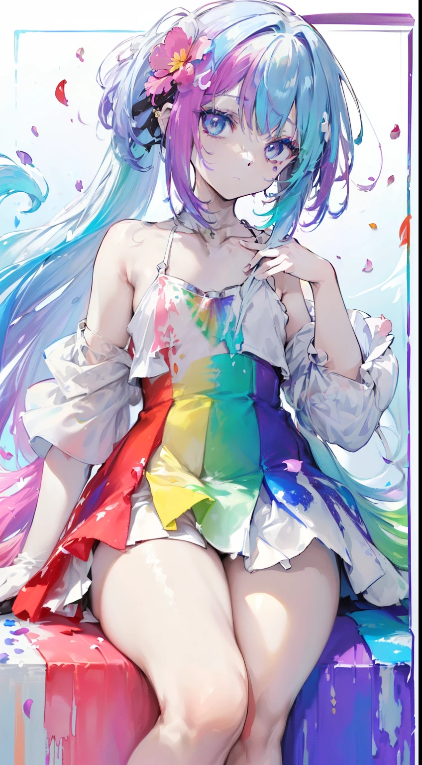 (colored hair: 1.8), (all the colors of the rainbow: 1.8),(((((vertical painting:1.6))), (Painting:1.6),front, Comics, illustrations, Painting, big eyes , crystal clear eyes,(Rainbow Color Gradient High Ponytail:1.7), exquisite makeup, closed mouth,(Small fresh: 1.5),(Clear chest: 1.6) ,long eyelashes, off-the-shoulder white t-shirt, off-the-shoulder white shirt, look at the audience, big watery eyes, (Rainbow colored hair:1.6), splashes of color, (alone:1.8), splashes of color, Color Explosion, thick painting style, messy lines, ((splendid)) ,(colorful), (colorful), (colorful), colorful, thick painting style, (splatter) (color splashes), vertical painting, upper body, paint splashes, acrylic pigment, gradient, paint, more high image quality, Very high quality, masutepiece, alone, depth of field, face painting, colorful clothes, (elegant: 1.2), very beautiful, long hair, wind, (elegant: 1.3), (flower petals: 1.4),( ((masutepiece))),(((best quality))),((ultra-detailed)),(illustration),(dynamic angle),((floating)),(paint),((disheveled hair)) ,(alone),(1girl in) , (((Detailed animated face))),((beautiful detailed face)),necklace,bare shoulders,white hair,((colored hair)),((striated hair)), beautiful detailed eyes,(gradient color eyes),(((colorful eyes))),(((colorful background))),(((high color saturation))),(((surrounded by colorful splashes))) , (medium chest), ((thick legs)), ((thick thighs))