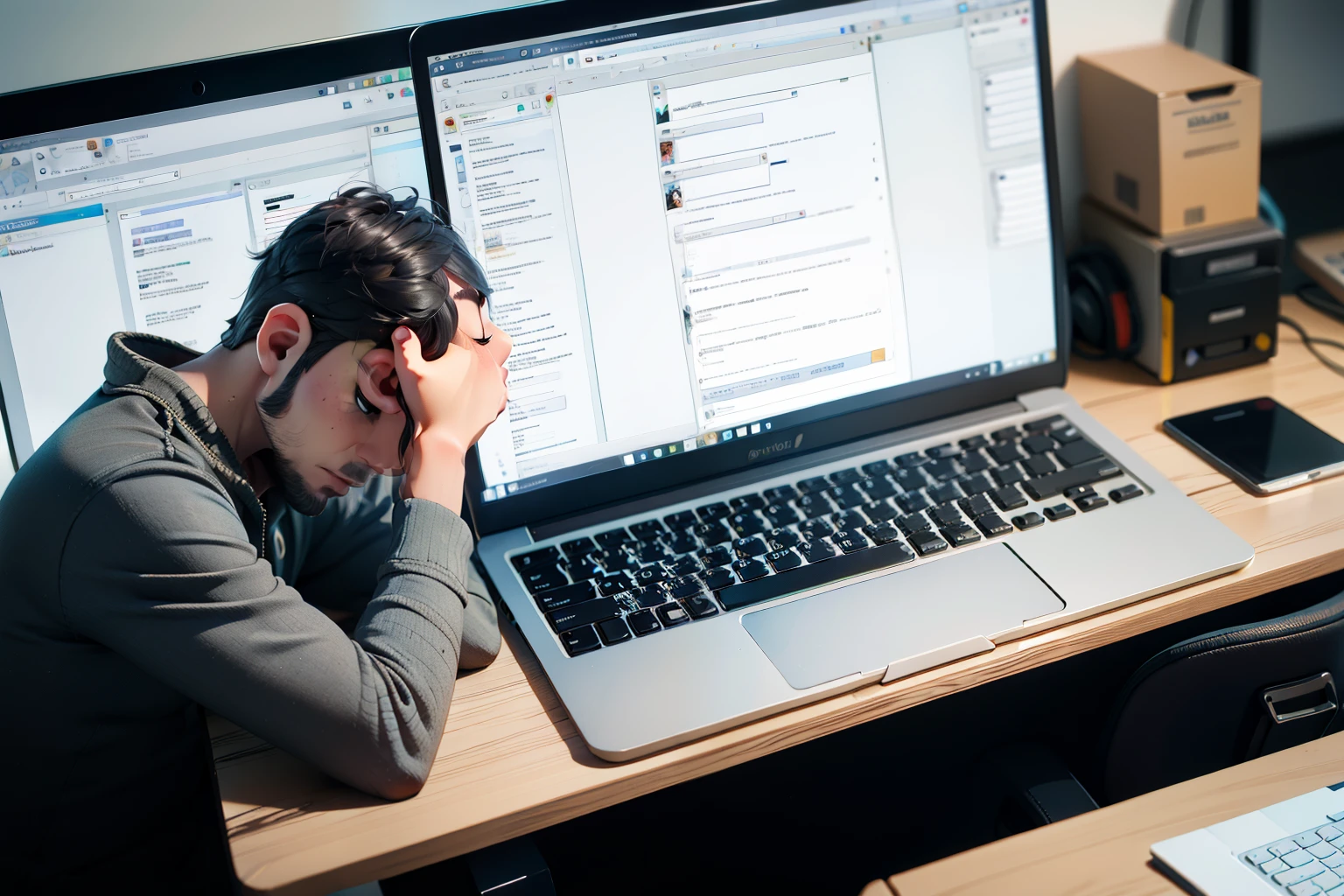 male people,programmer,Asian people,Laptop office,dozing,At work,kawa,3D rendering style