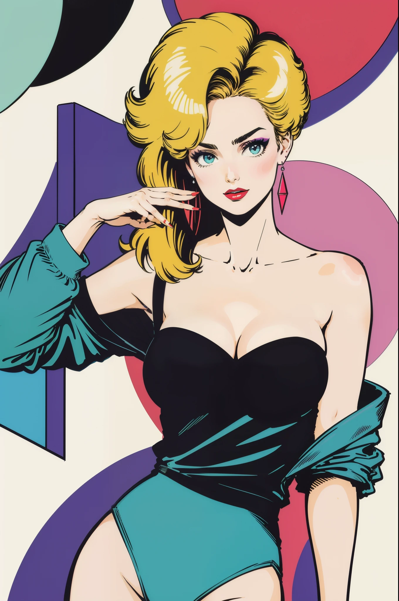 masterpiece, best quality, 1girl, solo, artstyle_pabloromero_ownwaifu,  www.ownwaifu.com, retro artstyle, 1980s \(style\),painting \(medium\), halftone_background, 
aqua nails, blonde hair, blue nails, breasts, cellphone, cleavage, cup, earrings, jewelry, lipstick, makeup, nail polish, phone, pink nails, purple nails, red nails, retro artstyle, smartphone, solo, yellow nails