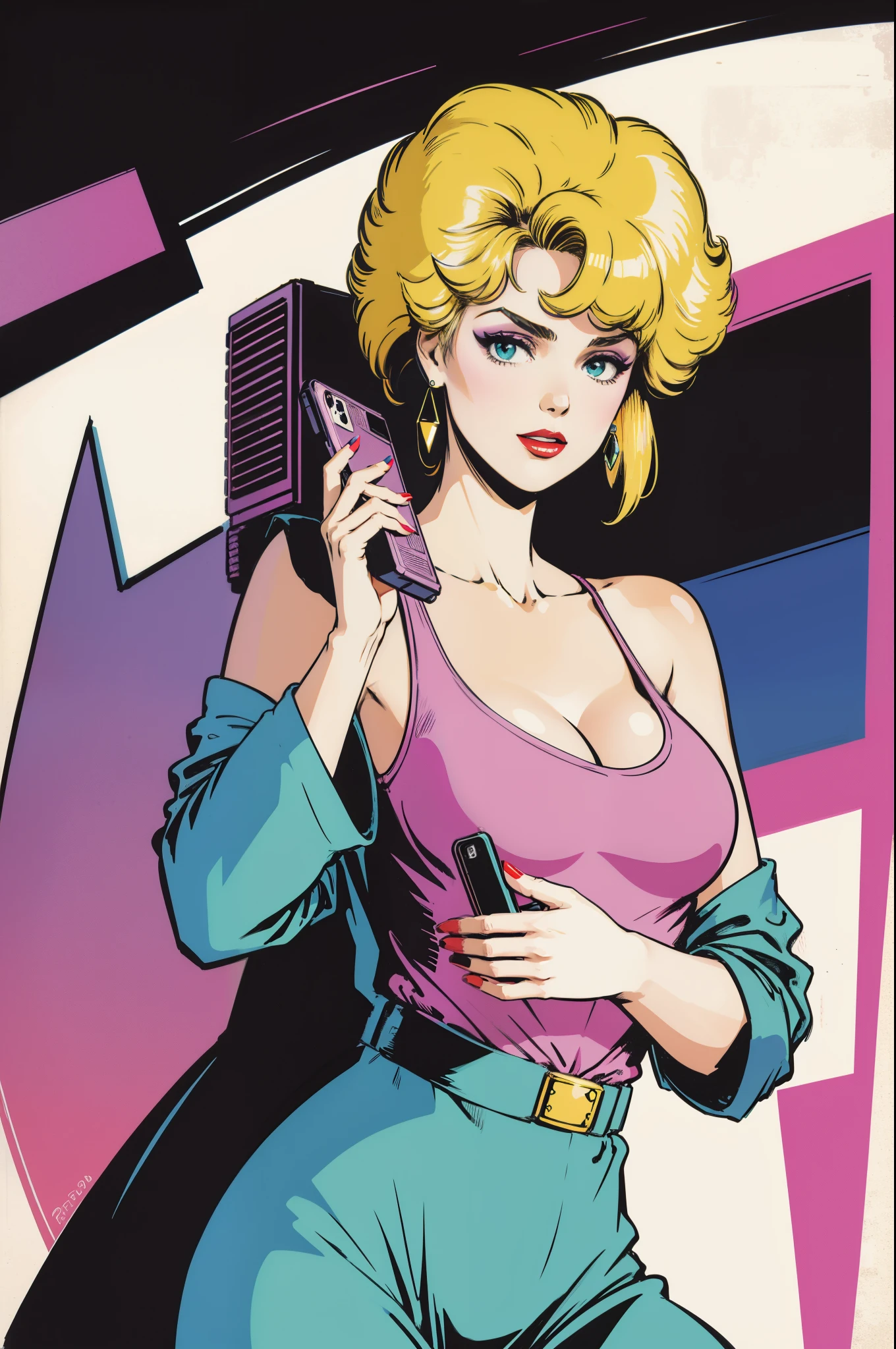 masterpiece, best quality, 1girl, solo, artstyle_pabloromero_ownwaifu,  www.ownwaifu.com, retro artstyle, 1980s \(style\),painting \(medium\), halftone_background, 
aqua nails, blonde hair, blue nails, breasts, cellphone, cleavage, cup, earrings, jewelry, lipstick, makeup, nail polish, phone, pink nails, purple nails, red nails, retro artstyle, smartphone, solo, yellow nails