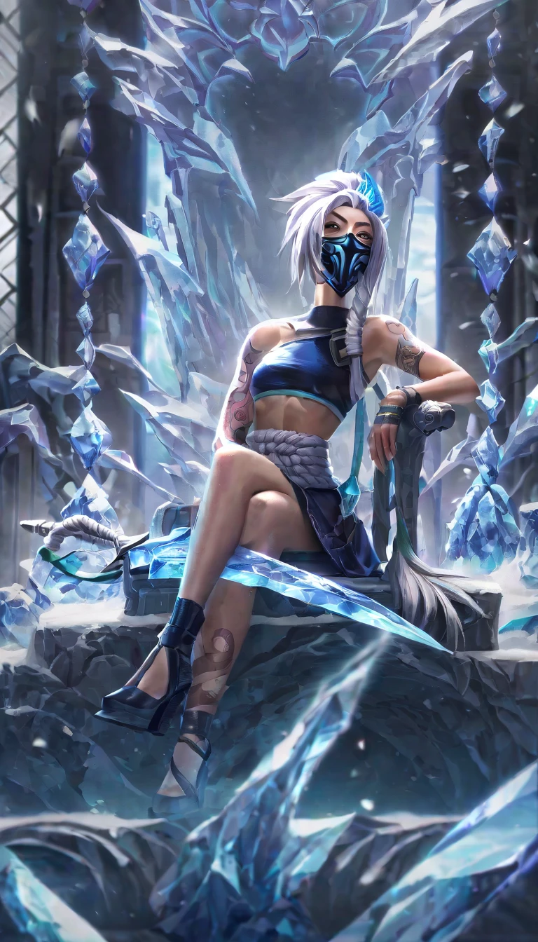 high aesthetic,best aesthetic,lolsplashart,Akali, peeping at the viewer, league of legends, Crystal heels, girl, Crystal Crown, Gorgeous dress, a skirt, icey, ice flower, Alone, snowflower, ice wall background, Sit on the Crystal Throne, Elegant, shallowdepthoffield, vignet, The is very detailed, High budget, cinematic ligh, epic, a gorgeous, Film texture, By bangs, hair between eye, with long bangs, long whitr hair, masks, hason, ninjartist, pony tails, Rope straps, obi strip, Alone, abdominals tattoo, Tattooed with, bokeh