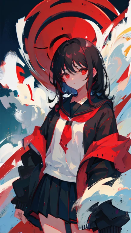 1 girl, black hair, red eyes, school clothes, at night