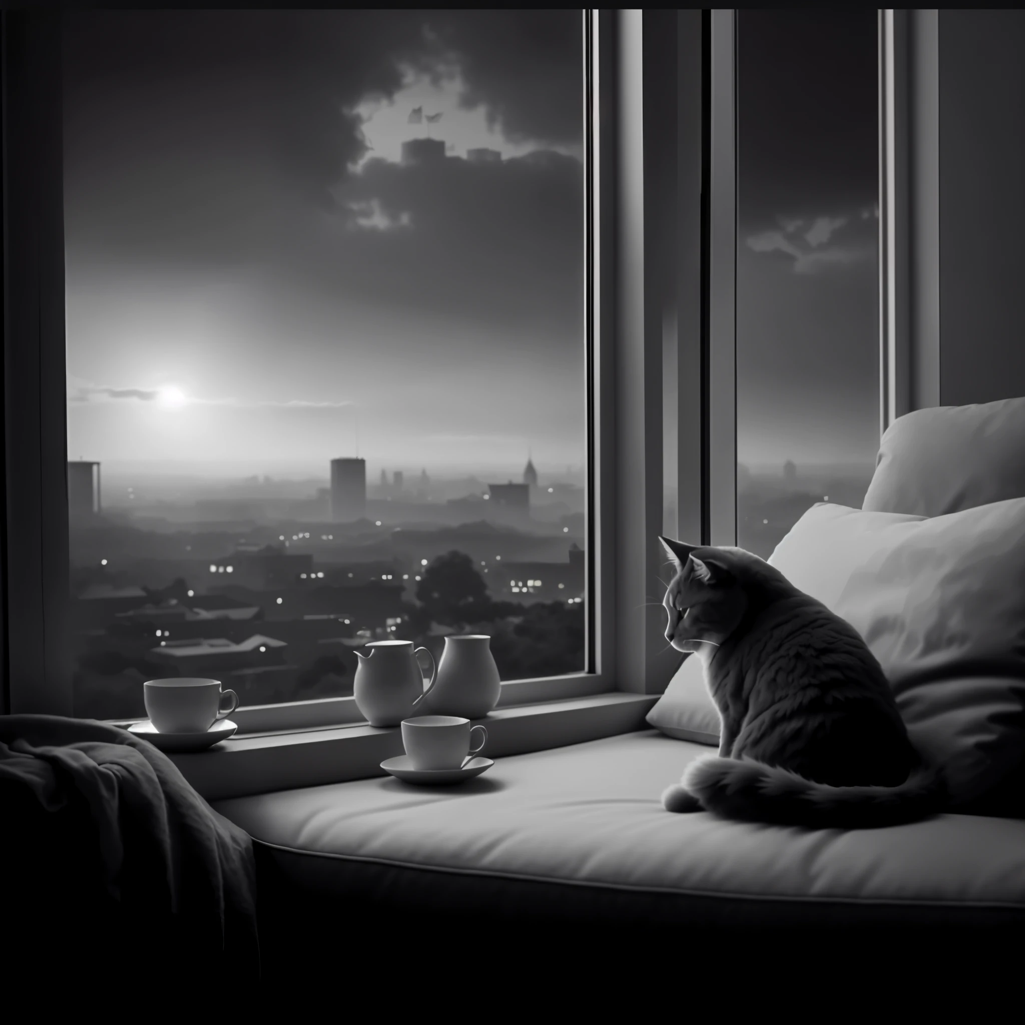 Alaphid cat sitting on the sofa looking out the window, early morning mood, black and white matte painting, Cooldown time. Good view, in the early morning, beautiful morning, unwind, cat on a windowsill, the cat is drinking tea, morning atmosphere, late morning, morning time, relaxing atmosphere, Relax after a hard day, The cat slept by the window