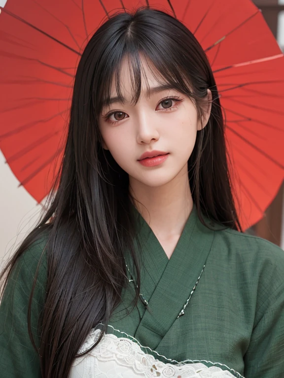 masterpiece, best picture quality, high quality, beautiful girl, Japanese, Japanese school girl, popular Korean makeup, detailed, swollen eyes, detailed eyes, detailed skin, beautiful skin, ultra high resolution, (reality: 1.4), very beautiful, slightly younger face, beautiful skin, slender, (ultra realistic), (illustration), (high resolution), (8K), (highly detailed), (best illustration), (beautifully detailed eyes), (super detailed), (wallpaper), (detailed face), looking at viewer, fine details, detailed face, pureerosfaceace_v1, smiling, looking straight ahead, looking straight ahead, angle from waist up, realistic photo, bright lighting, professional lighting, black hair (some green), long hair, dark ruins, big red moon, gorgeous red and black dress, mature woman, long stylish bangs,