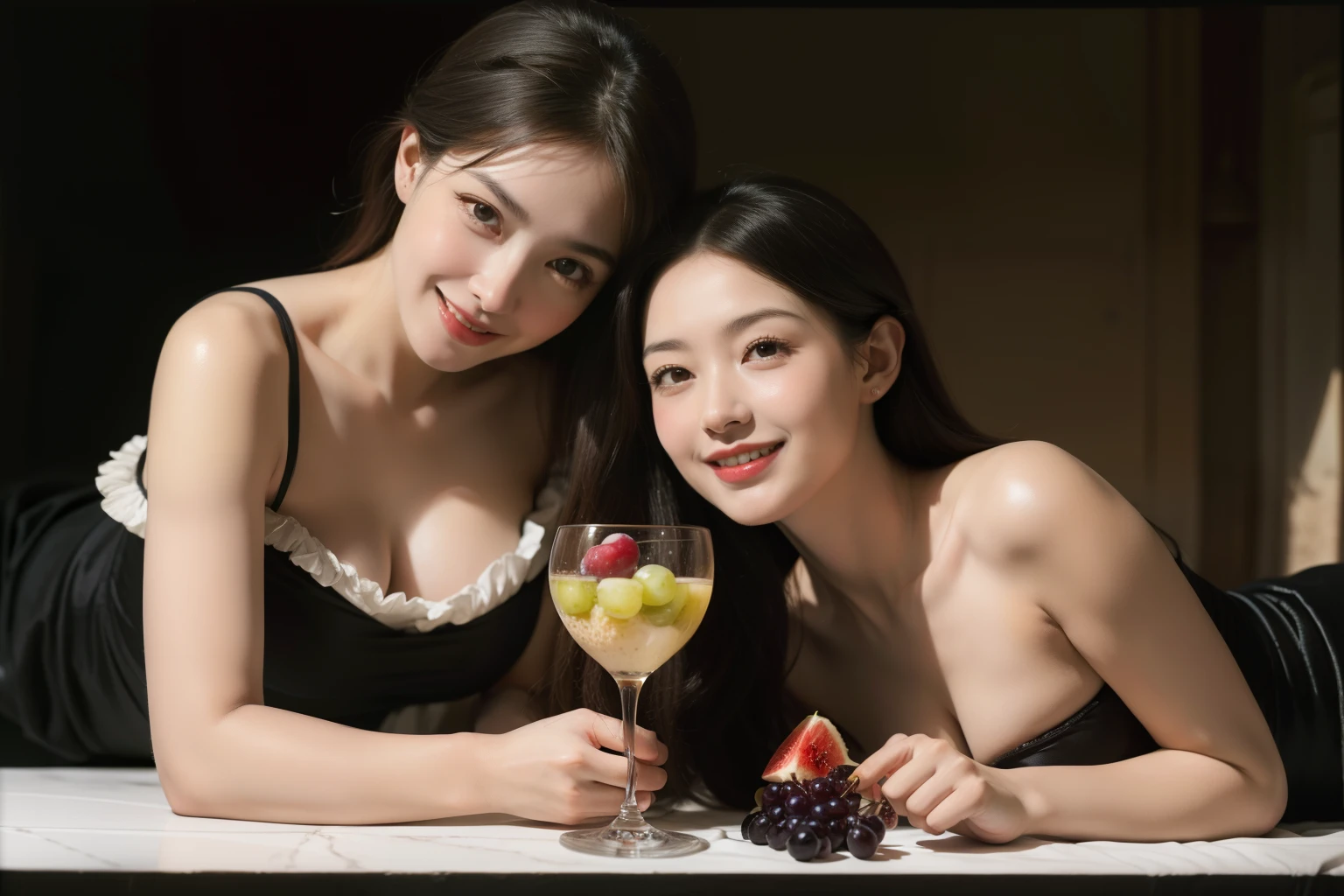 fruits,grapes,Rosa,antique,A smile,,Sweet and seductive look.、Caravaggio's paintings、Chiaroscuro of Caravaggio,Two women frolicking,cute smile, expression of ecstas