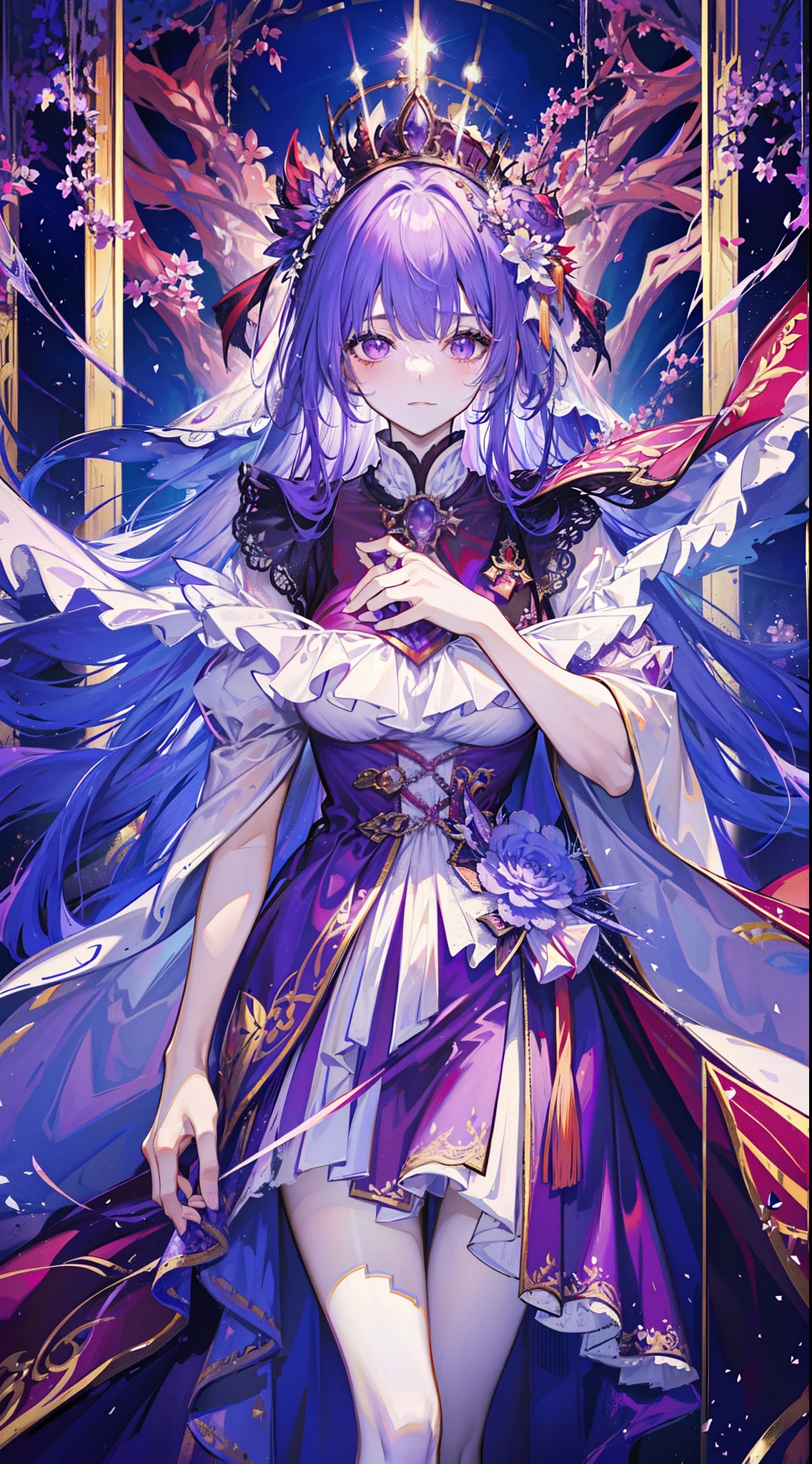 On the basis of pursuing the best image quality,Detailed depiction of the Queen Mother of the West’s gorgeous costumes,Purple wide robe、Luxurious color schemes commonly used in palaces、Beautiful fairy tale details。(purple and red robe+Luxurious color scheme+Wonderland sense
