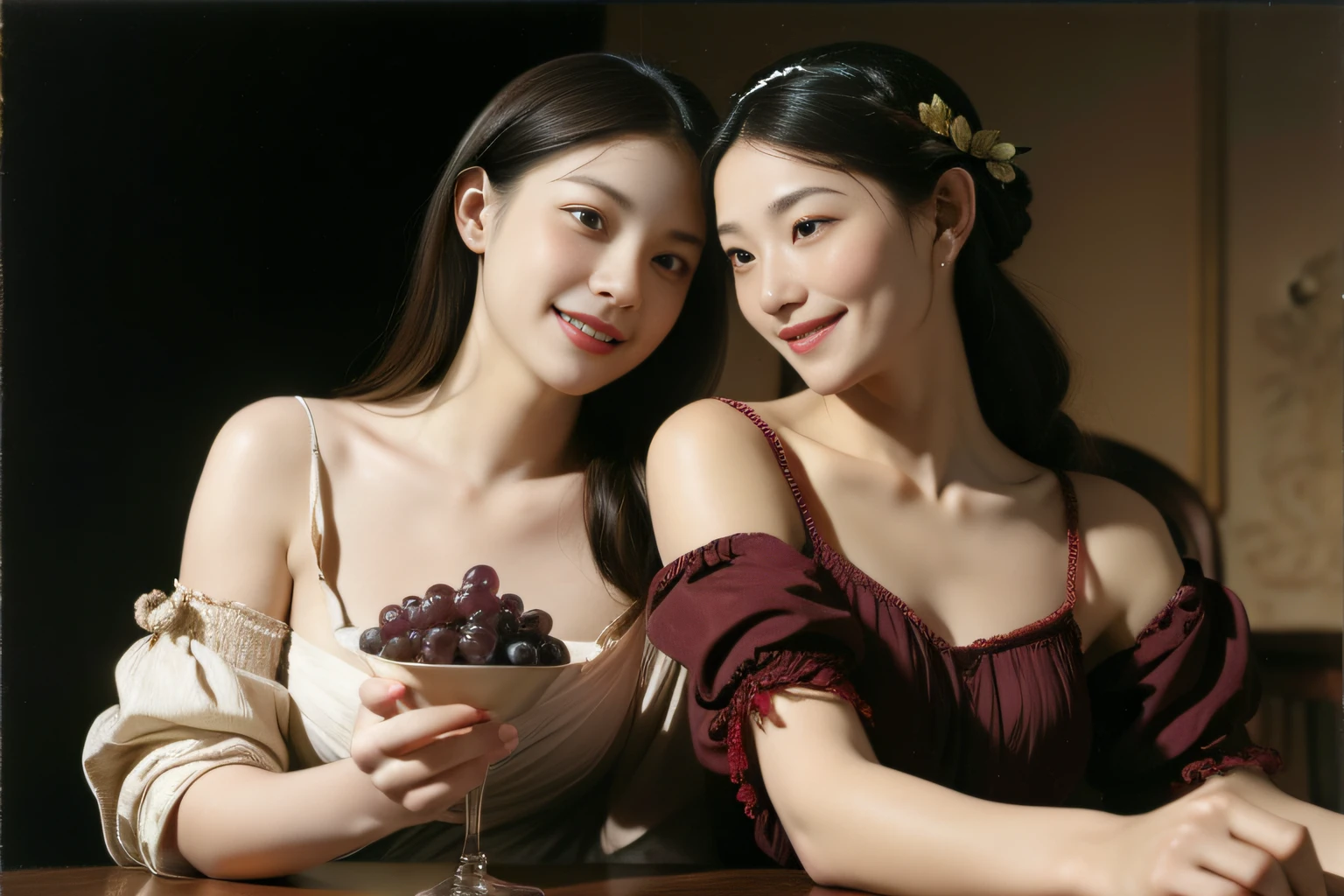 fruits,grapes,Rosa,antique,A smile,,Sweet and seductive look.、Caravaggio's paintings、Chiaroscuro of Caravaggio,Two women frolicking,cute smile, expression of ecstas