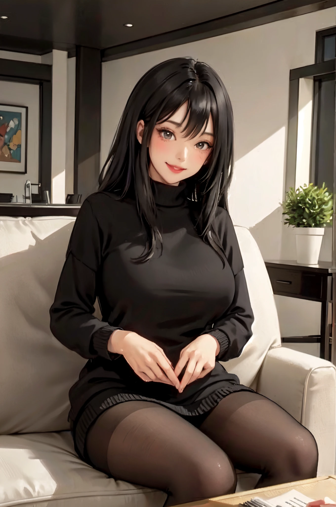 1lady standing, /(oversized sweater/) v-neck, mature female, /(black hair/) bangs, blush kind smile, (masterpiece best quality:1.2) delicate illustration ultra-detailed, large breasts pantyhose BREAK /(modern house living room/) indoors