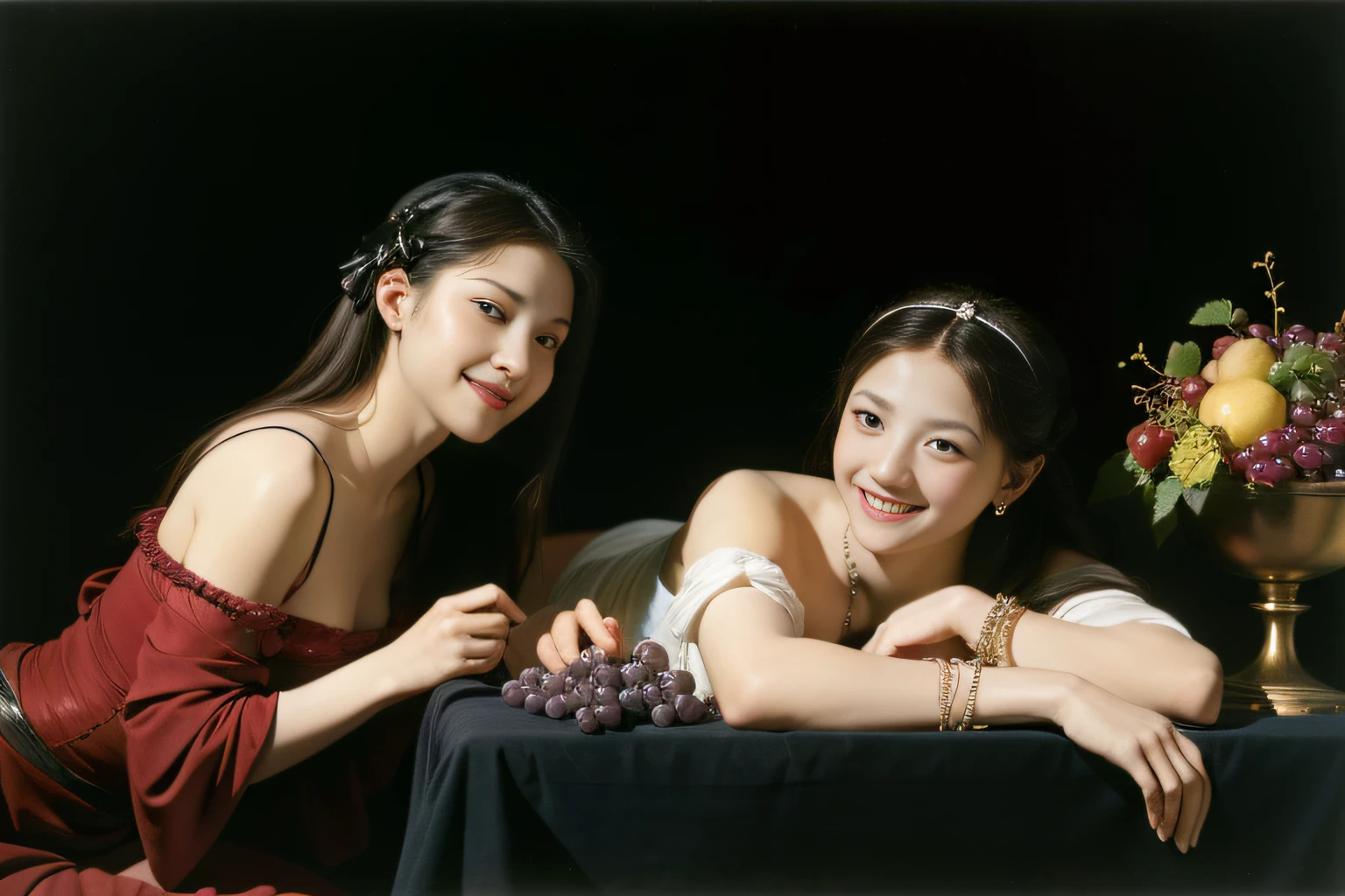 fruits,grapes,Rosa,antique,A smile,,Sweet and seductive look.、Caravaggio's paintings、Chiaroscuro of Caravaggio,Two women frolicking,cute smile, expression of ecstas
