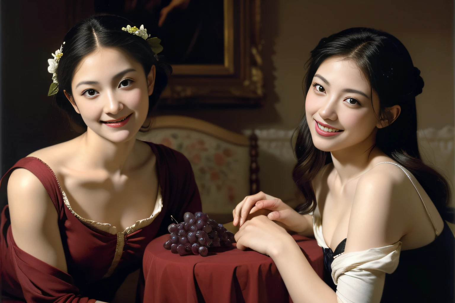 fruits,grapes,Rosa,antique,A smile,,Sweet and seductive look.、Caravaggio's paintings、Chiaroscuro of Caravaggio,Two women frolicking,cute smile, expression of ecstas