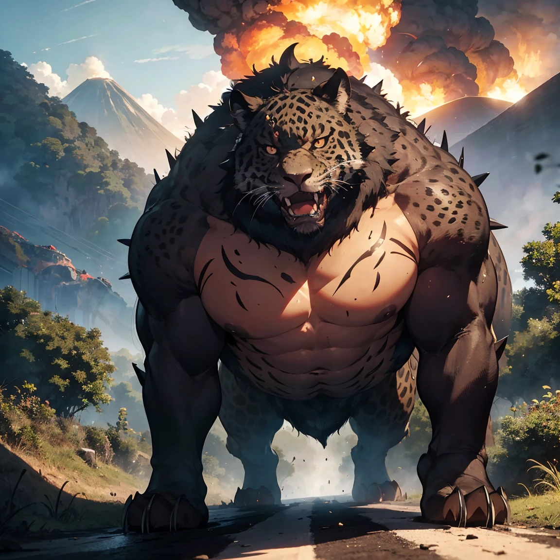 A giant Jaguar beast with huger fangs and spiky fur and razor sharp claws advances into camera, on a jungle road in Guatemala, with a volcano exploding in the far distance, fills sky with black smoke that forms into demonic clouds