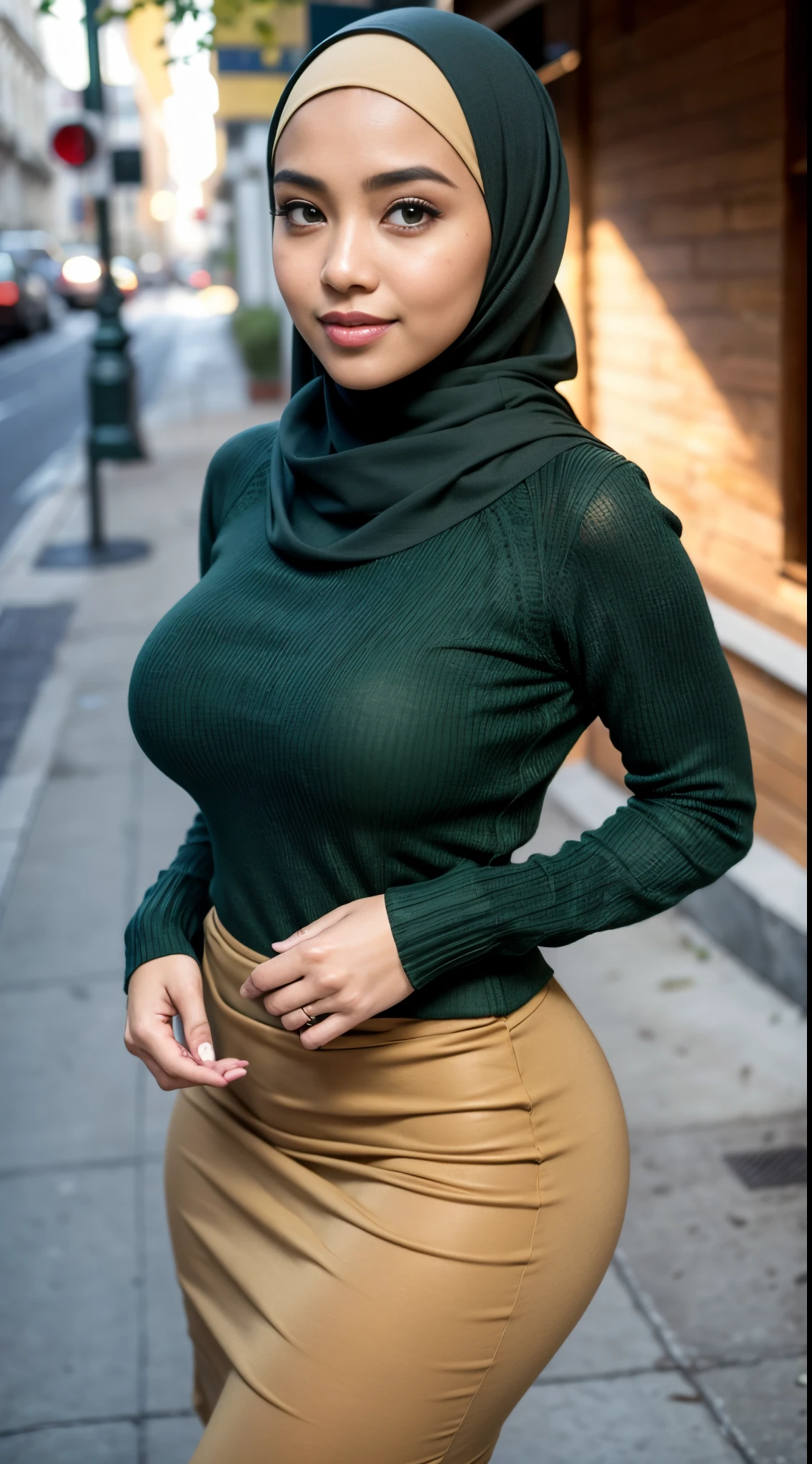 RAW, Best quality, high resolution, masterpiece: 1.3), beautiful Malay woman on hijab (iu:0.8),((big breast)), perfect nose,perfect lips, perfect eyes, detail :1.2),big breast, wearing in dark green sweater and dark green skirt standing on the sidewalk, full body shot, dark beige dress, beige, wearing fisher, very aesthetic, pleated skirt, tight leggings, wearing, green sweater, modestly dressed, wearing a long eloquent dress, dressed woman, outfit casual muslim,big round buttocks, from behind, (looking at the audience, looking back, facial details, double eyelids, smiling)