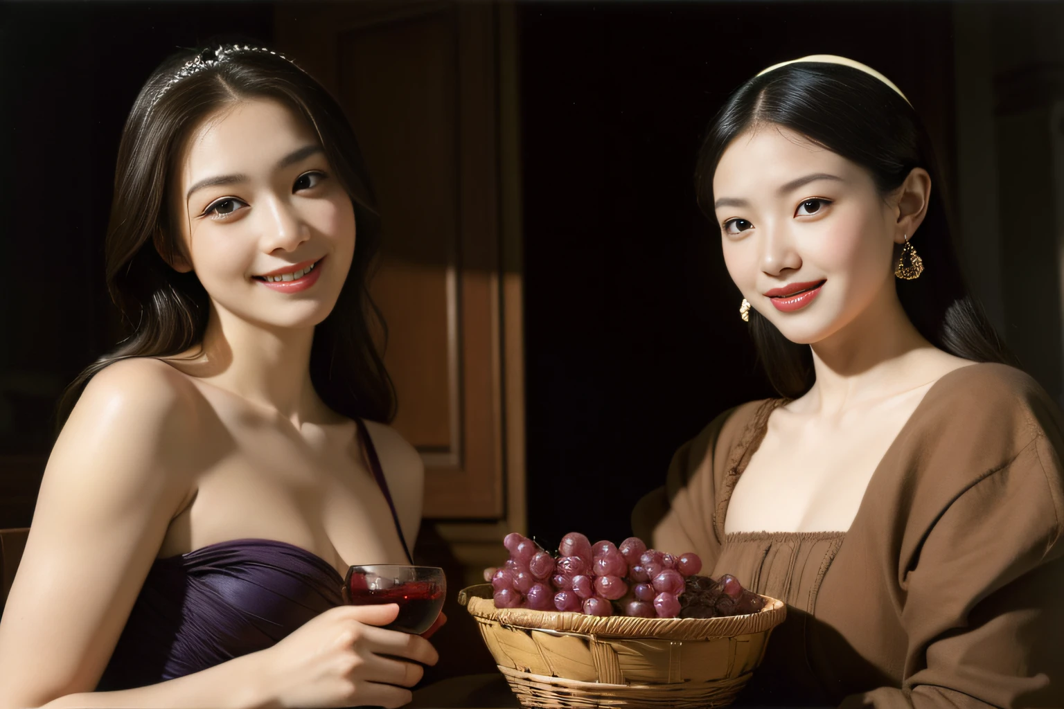 fruits,Grapes,Rosa,antique,A smile,,Sweet and seductive appearance.、Caravaggio's paintings、Chiaroscuro of Caravaggio,Two women frolicking,Cute smile, Expression of ecstasy