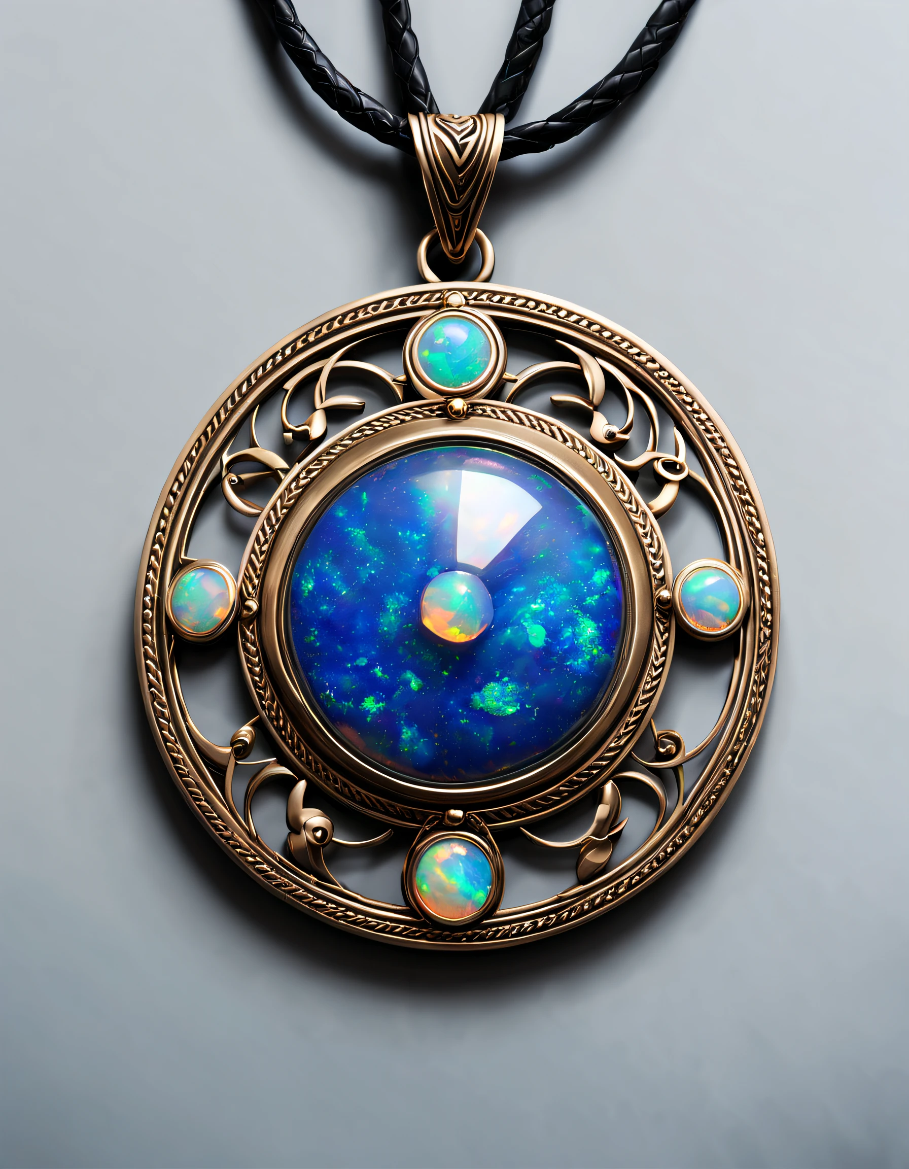 Item design, (a circular zodiac pendant), (a double opal stone in the middle: 1.3), (only one double opal), (a black leather rope), black gold border, brushed craftsmanship, lapis lazuli, turquoise, mother clam, (: 1.3), (12 zodiac symbols: 1.1), (freehand Cancer zodiac pattern: 1.1), (side carved symbol cindy xu: 1.3), black stone, simple structure, exquisite structure, Complex craftsmanship, light luxury style, Bohemian style, Rococo style, luxury goods, Van Cleef&Arpels, Cartier,
Background: White, jewelry photography, ultra-high definition, high quality,
Epic level design, epic level visuals, incredible design, dreamy design