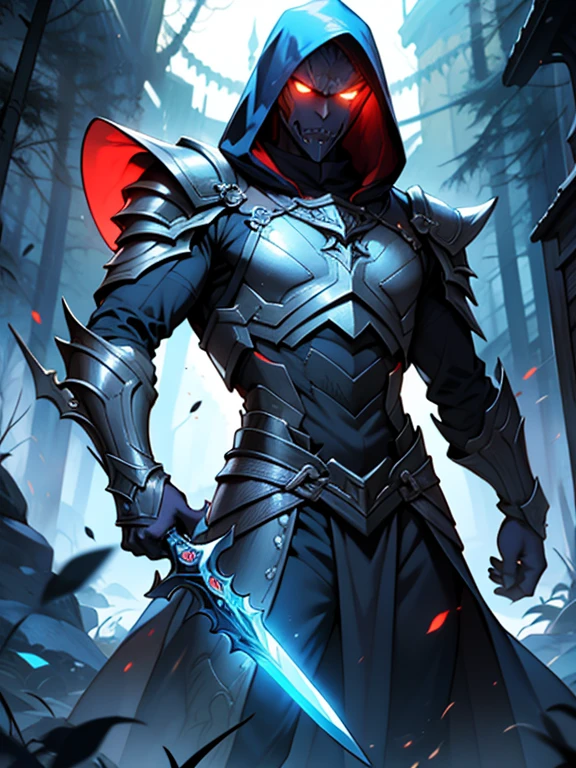 Sauron, Twilight Killer:
He was an assassin，Wearing a gray hooded jacket and light armor. O capuz cobre seu rosto. Ele possui umaparte do rosto consumido pelas sombras. Eli Epnuha Uma Espada. epic sword pose. tmasterpiece. 《Ring of Fire》Game art style.in dark woods，Blue flames floating on the body，