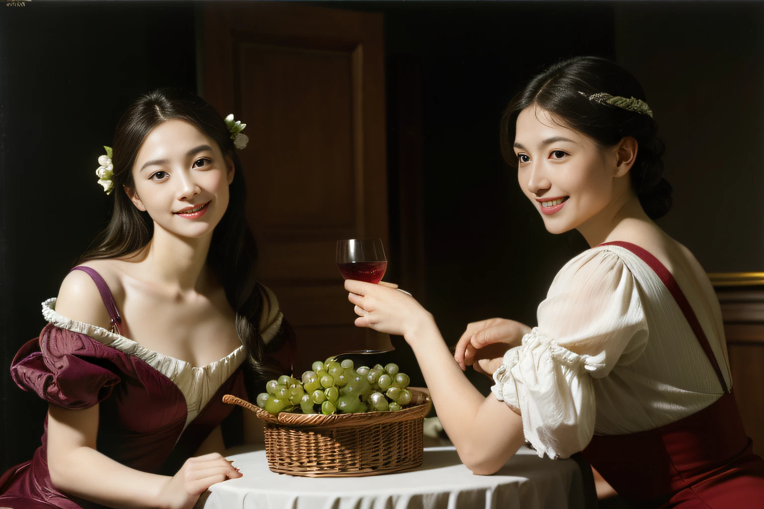 fruits,grapes,Rosa,antique,A smile,,Sweet and seductive look.、Caravaggio's paintings、Chiaroscuro of Caravaggio,Two women frolicking,cute smile, expression of ecstas