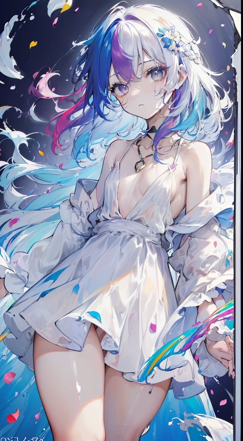 (colored hair: 1.8), (all the colors of the rainbow: 1.8),(((((vertical painting:1.6))), (Painting:1.6),front, Comics, illustrations, Painting, big eyes , crystal clear eyes,(Rainbow Color Gradient High Ponytail:1.7), exquisite makeup, closed mouth,(Small fresh: 1.5),(Clear chest: 1.6) ,long eyelashes, off-the-shoulder white t-shirt, off-the-shoulder white shirt, look at the audience, big watery eyes, (Rainbow colored hair:1.6), splashes of color, (alone:1.8), splashes of color, Color Explosion, thick painting style, messy lines, ((splendid)) ,(colorful), (colorful), (colorful), colorful, thick painting style, (splatter) (color splashes), vertical painting, upper body, paint splashes, acrylic pigment, gradient, paint, more high image quality, Very high quality, masutepiece, alone, depth of field, face painting, colorful clothes, (elegant: 1.2), very beautiful, long hair, wind, (elegant: 1.3), (flower petals: 1.4),( ((masutepiece))),(((best quality))),((ultra-detailed)),(illustration),(dynamic angle),((floating)),(paint),((disheveled hair)) ,(alone),(1girl in) , (((Detailed animated face))),((beautiful detailed face)),necklace,bare shoulders,white hair,((colored hair)),((striated hair)), beautiful detailed eyes,(gradient color eyes),(((colorful eyes))),(((colorful background))),(((high color saturation))),(((surrounded by colorful splashes))) , (big chest), ((thick legs)), ((thick thighs))