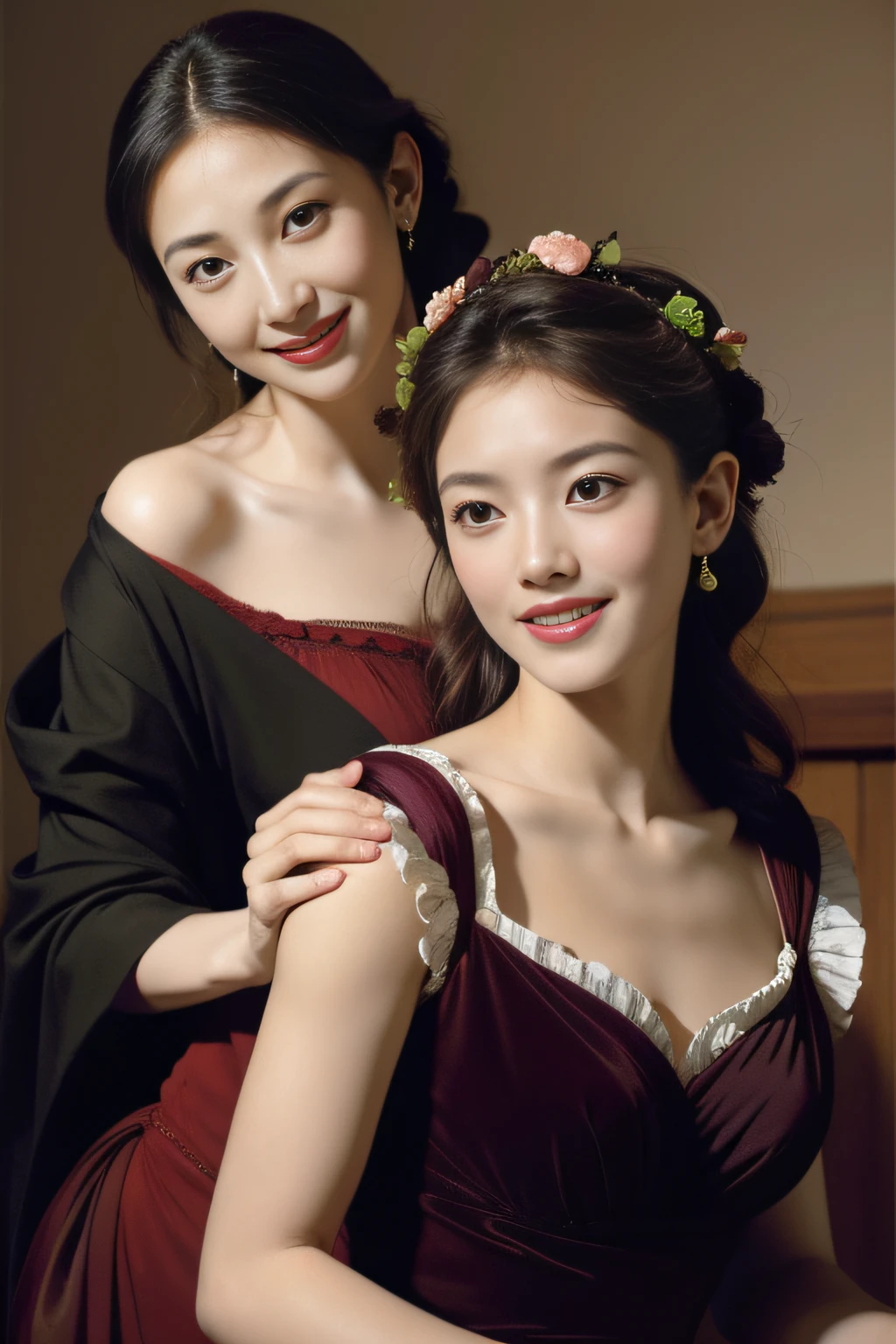 fruits,grapes,Rosa,antique,A smile,,Sweet and seductive look.、Caravaggio's paintings、Chiaroscuro of Caravaggio,Two women frolicking,cute smile, expression of ecstas