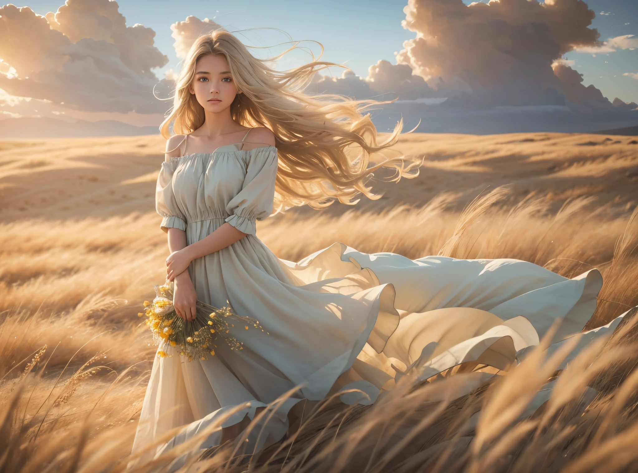 A Beautiful young girl holding dried cut flowers, sandy blonde willowy hair, swirling, twisting, tan brown yellow light blue off white, she is wearing light brown dry looking flowing summer dress, standing in a field of long blowing dry summer grass, end of summer high wispy clouds, blue sky, summer blowing wind, 8k