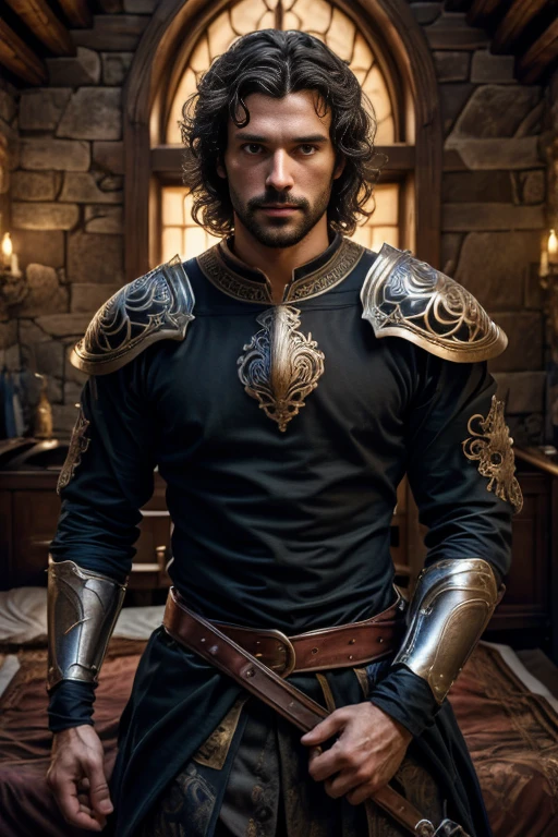 Araffed man, a man with a well-groomed beard, square face, thin nose, and fleshy mouth,
bright blue eyes, biting her lip sensually, long black curly hair,
Handsome and sexy man, 20 years old, half body photo, various positions, open red shirt,
wide and strong breastplate, in the background bedroom of a medieval castle, wallpaper 4k, 32k Ultra, Ultra Hd, cinematic lighting,
Movie Poster,Top Quality、超High Resolution A、8k High Definition、Photogenic Clarity、
