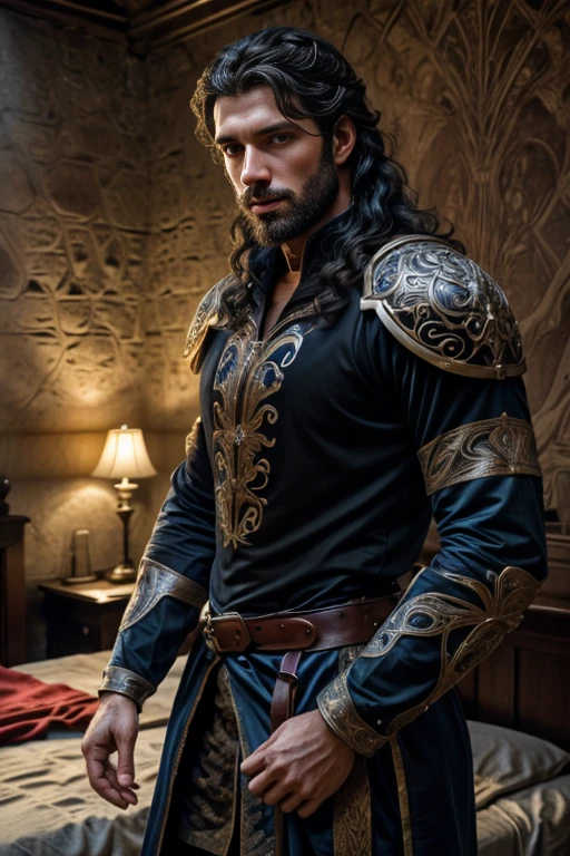 Araffed man, a man with a well-groomed beard, square face, thin nose, and fleshy mouth, 
bright blue eyes, biting her lip sensually, long black curly hair, 
Handsome and sexy man, 20 years old, half body photo, various positions, open red shirt, 
wide and strong breastplate, in the background bedroom of a medieval castle, wallpaper 4k, 32k Ultra, Ultra Hd, cinematic lighting,
Movie Poster,Top Quality、超High Resolution A、8k High Definition、Photogenic Clarity、