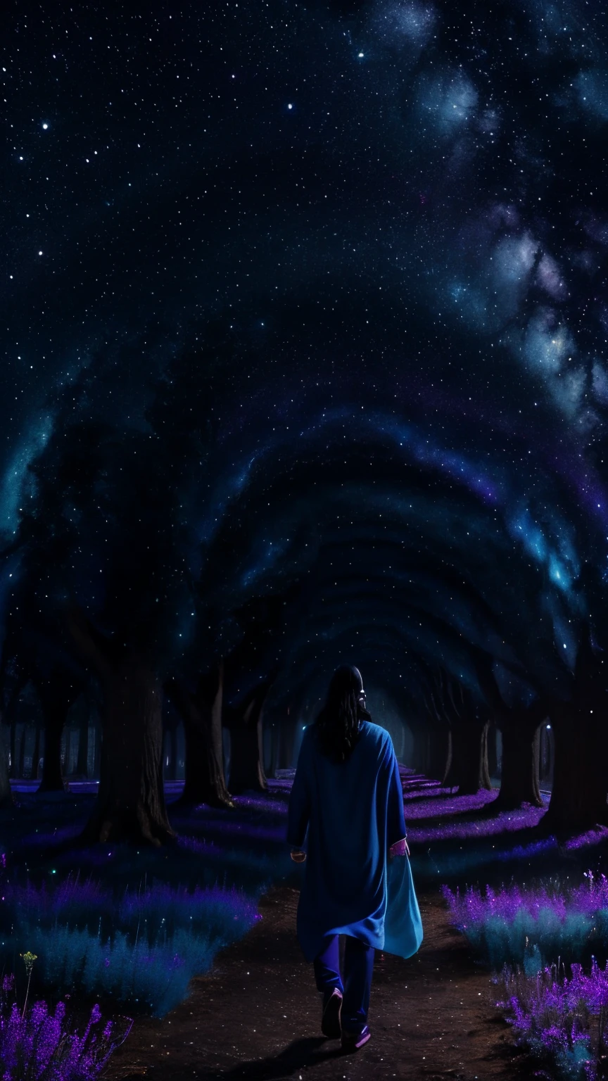 An astral body (soul) with long black hair, His body is an indigo soul with brighter diffuse polka dots, This guy is doing an astral trip, transporting himself to a beautiful place, The most beautiful park ever seen fifth dimension, astral dimension, on astral park, image full of details, 8k render, colourful, purple tones