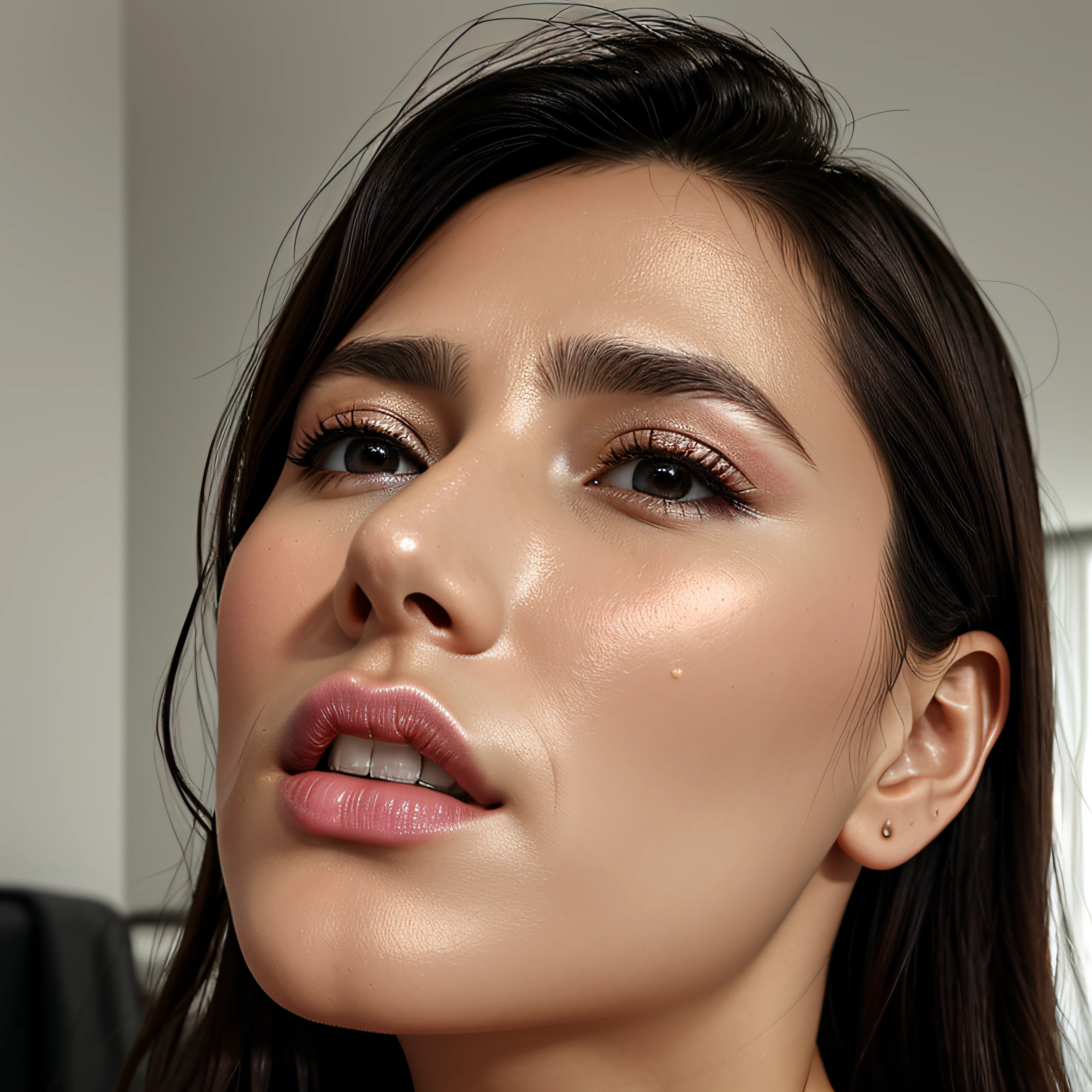 1girl in.masutepiece,,award - winning photo, Extremely detailed, sharp focus on eyes, Nose and Mouth,Face Focus, Woman with mouth open and eyes closed, Black camisole、32years old,A dark-haired、Wrinkles in the eyes：1.2、Symmetrical face,Realistic nostrils、Angle from below、elongated C-shaped nostrils,,,,,,,,,,,,,,,,,,,,,,,,,,,,,,,,,,,,,,,,,,,,,,,,,,NSFW,Inside a Chanel store、Sweaty skin、Lighting that emphasizes skin glowing with sweat、((sharp nose))Skin shiny with sweat、shinny skin、hair wet with sweat、ball-gag、look up at viewer,frombelow、(Trembling girl)(after sex)