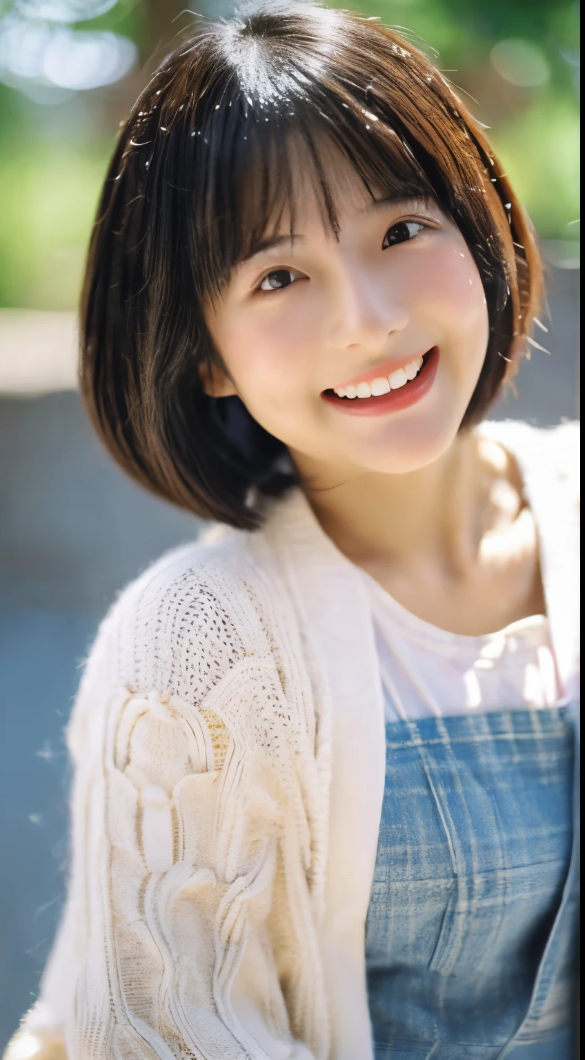 Japan Girl、ar old、a beauty girl、Short hair、bobhair、Very cute、Laughing with open mouth、chubby figure、the chest is very large、Idol、Pichi Pichi clothes、Close-up image of the face