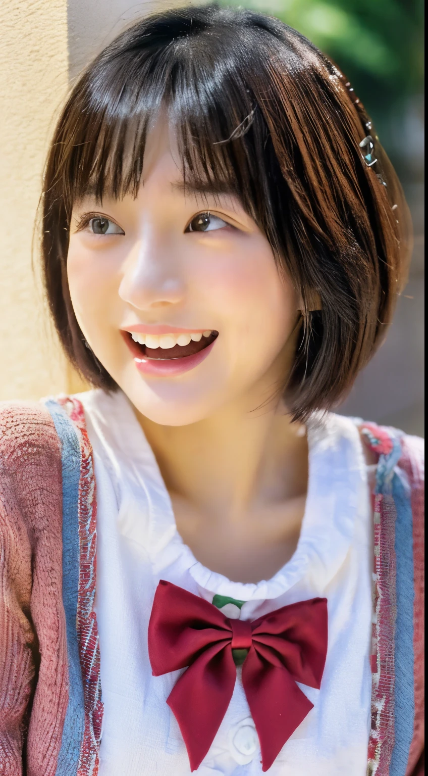 Japan Girl、12year old、a beauty girl、Short hair、bobhair、Very cute、Laughing with open mouth、chubby figure、the chest is very large、Idol、Pichi Pichi clothes、Close-up image of the face