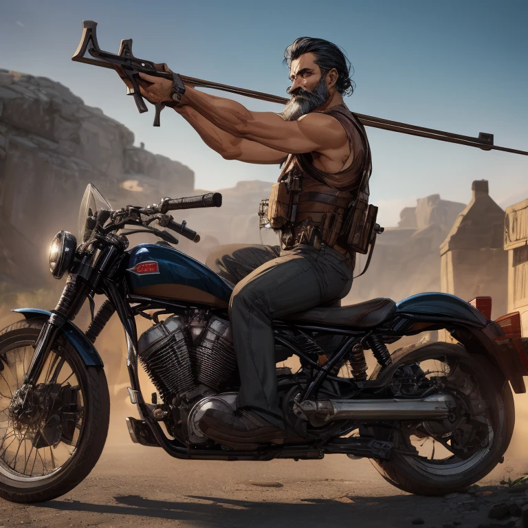 1man, holding cross bow gun on his back , older, muscular, riding motorcycle, extra short wavy hair, brown, mutache, huge arm and many old wound,