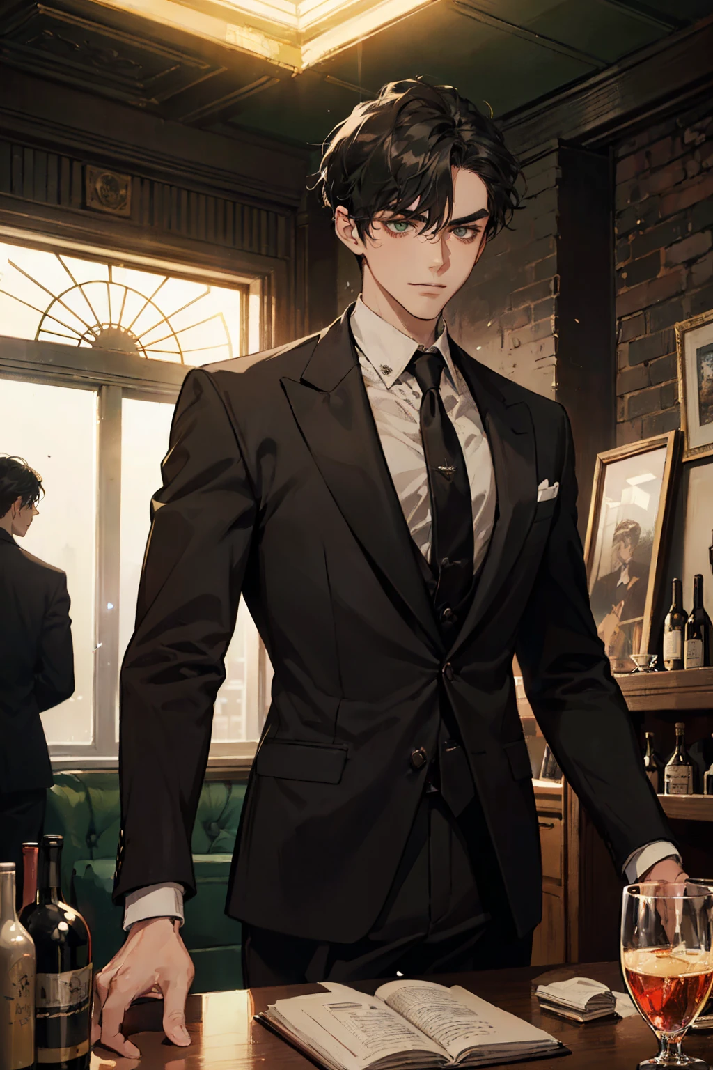 ((One young man with a black suit and tie)), gotham, alejandro, (((side swept black short hair))), (dark green eyes and thick eyebrows), smirk, ((20 years old)), ((masterpiece)), posture dynamic, cinematic lighting, hold a glass of wine