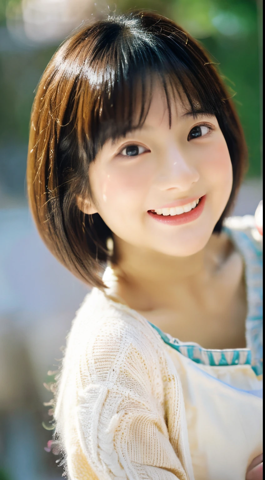 Japan Girl、12year old、a beauty girl、Short hair、bobhair、Very cute、Laughing with open mouth、chubby figure、the chest is very large、Idol、Pichi Pichi clothes、Close-up image of the face