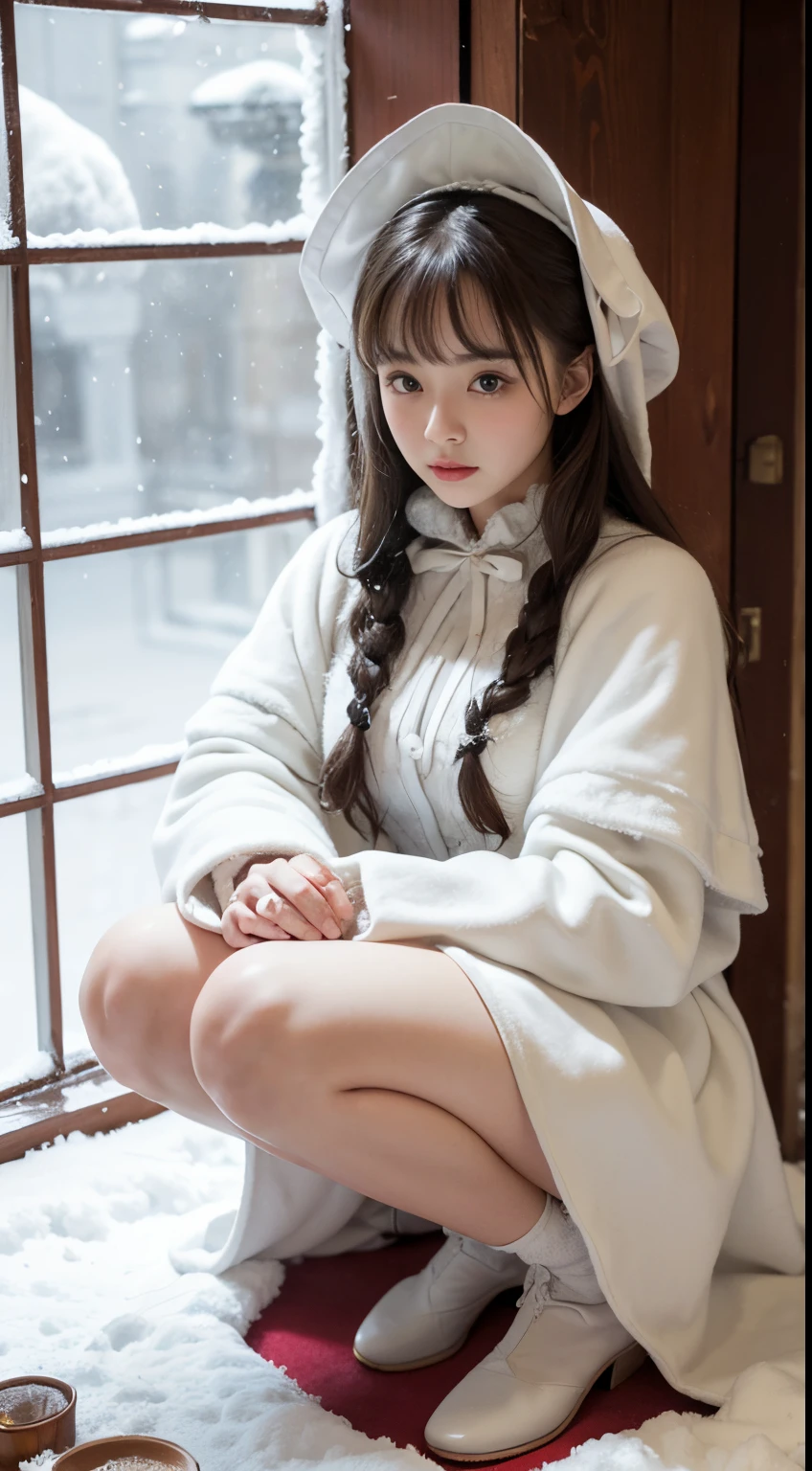 The daughter，squatting and sitting，Bare legged，(Focus on the thighs)，((external，Actual heavy snowfall，cloaks，blanketed in a mantle of snow，(Lolita costume)， Horizontal viewing angle)),  fission, Brandon Flake, (8K, ........primitive, professional, Best quality, tmasterpiece: 1,2), (Endless realism), ultra - detailed, (35mm portrait wide angle), (Skin with the highest level of detail: 1,2), (The highest level of detail on the dial:1.2), 电影灯光, (ventania), natta, warm white light, looking at the camera in, naughty pose，Old European-style castle，