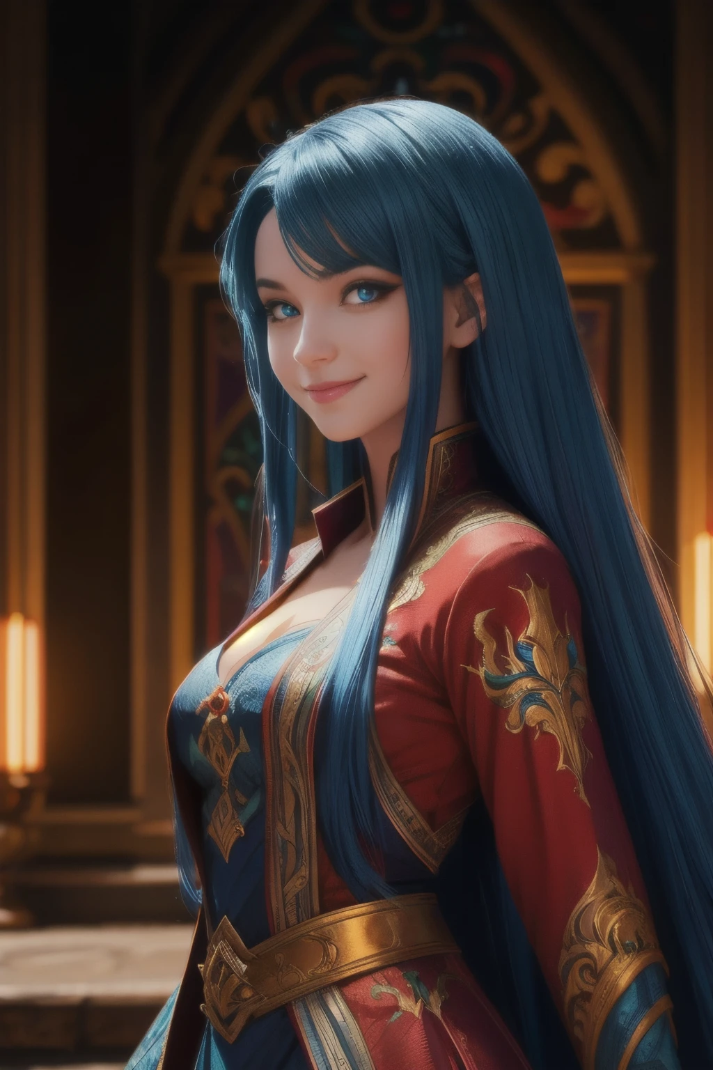 vibrant colors, dragon girl, masterpiece, sharp focus, best quality, depth of field, cinematic lighting,smile, blue hair, red eyes, long hair, very long hair,