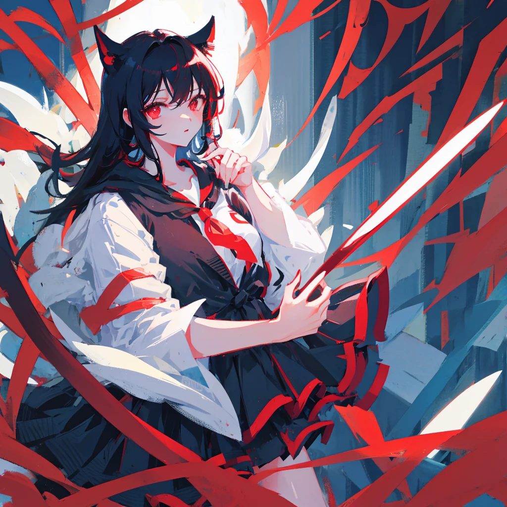 1 girl, black hair, red eyes, school clothes, holding a katana, at night