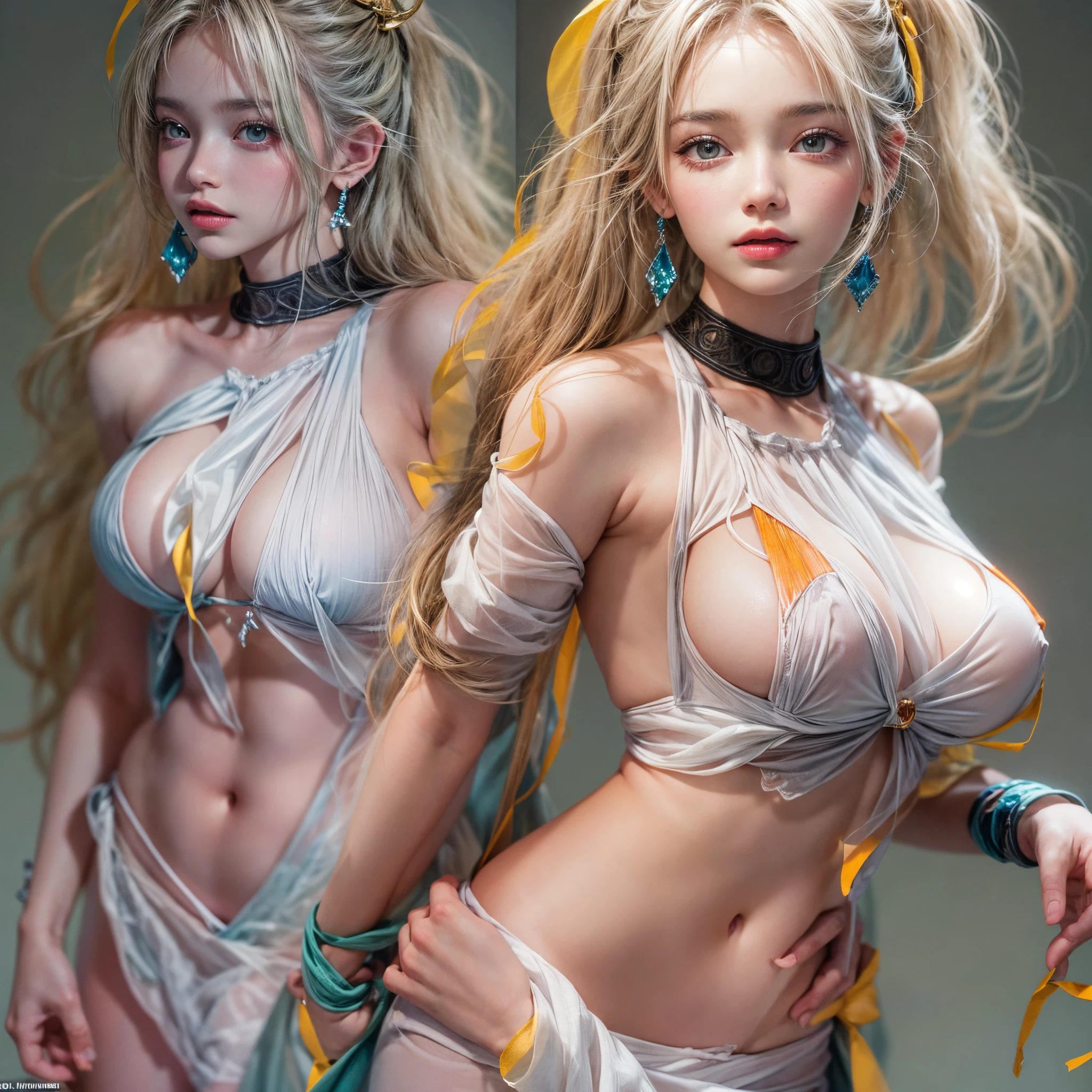 ( Masterpiece:1.25, exposed:1.2, White and vivid colors, navel), (sexy junior idol), ((face variations, Hair variations)), portrayed in the best quality and high resolution. The image should be ultra-detailed, realistic, and photorealistic with a touch of rawness. The lighting should be emphasized to bring out the details of the face. The medium can be a combination of photography and concept art. The color tone should be vibrant and vivid, enhancing the overall visual impact. (Whole Body proportions and all limbs are anatomically accurate) . no extra limbs, nipple:-0.8 .