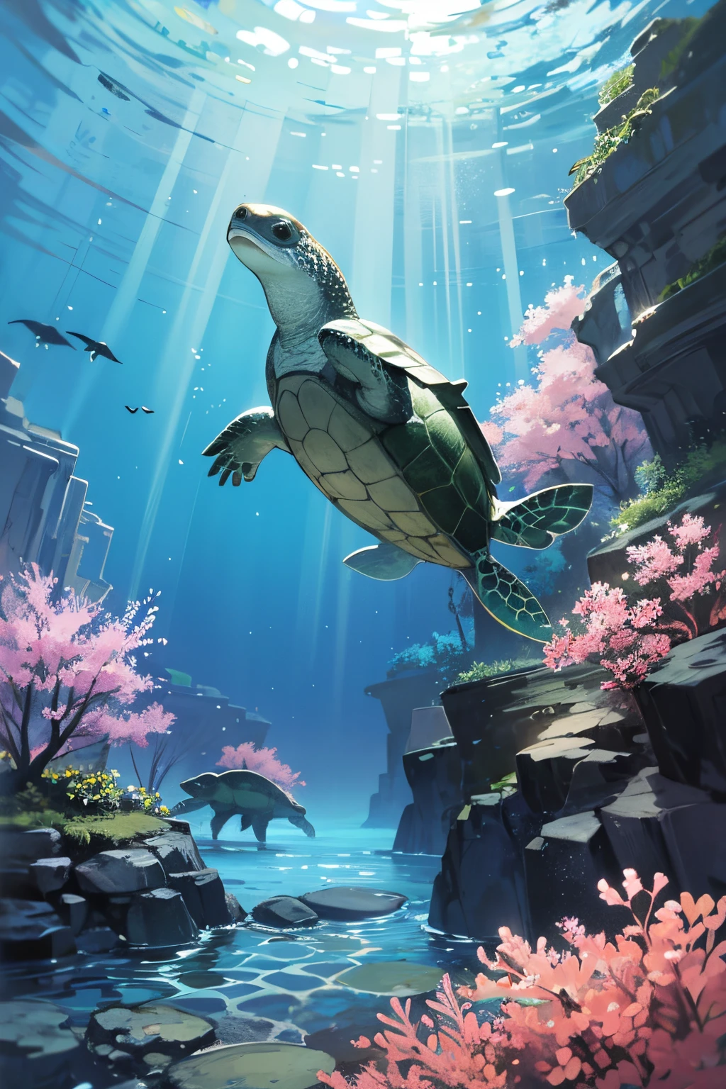 Swimming turtles, underwater, style of Christian Lassen