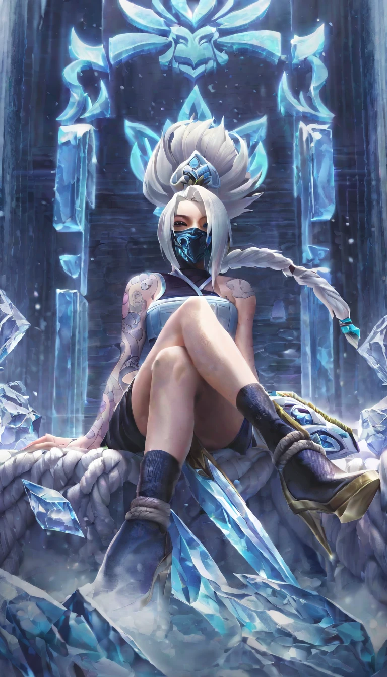 high aesthetic,best aesthetic,lolsplashart,Akali, peeping at the viewer, league of legends, Crystal heels, girl, Crystal Crown, Gorgeous dress, a skirt, icey, ice flower, Alone, snowflower, ice wall background, Sit on the Crystal Throne, Elegant, shallowdepthoffield, vignet, The is very detailed, High budget, cinematic ligh, epic, a gorgeous, Film texture, By bangs, hair between eye, with long bangs, long whitr hair, masks, hason, ninjartist, pony tails, Rope straps, obi strip, Alone, abdominals tattoo, Tattooed with, bokeh